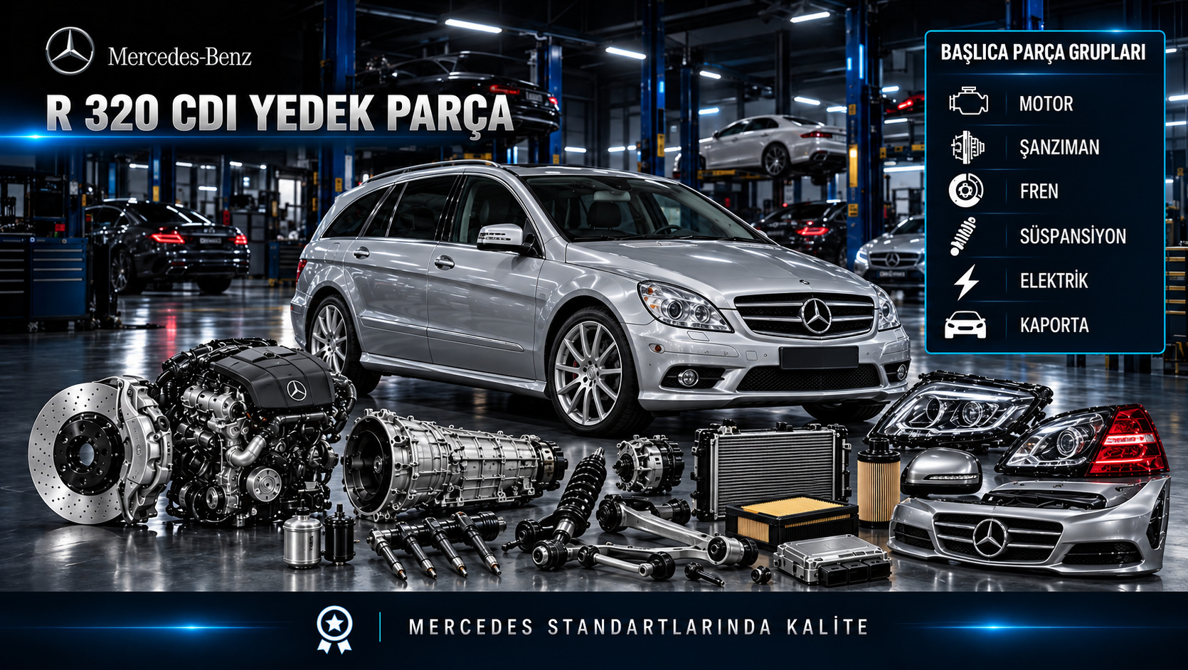 Mercedes-Benz R 320 CDI için dizel motor, yakıt, bakım, şanzıman, fren ve R-Serisi gövde parçalarını gösteren kategori görseli