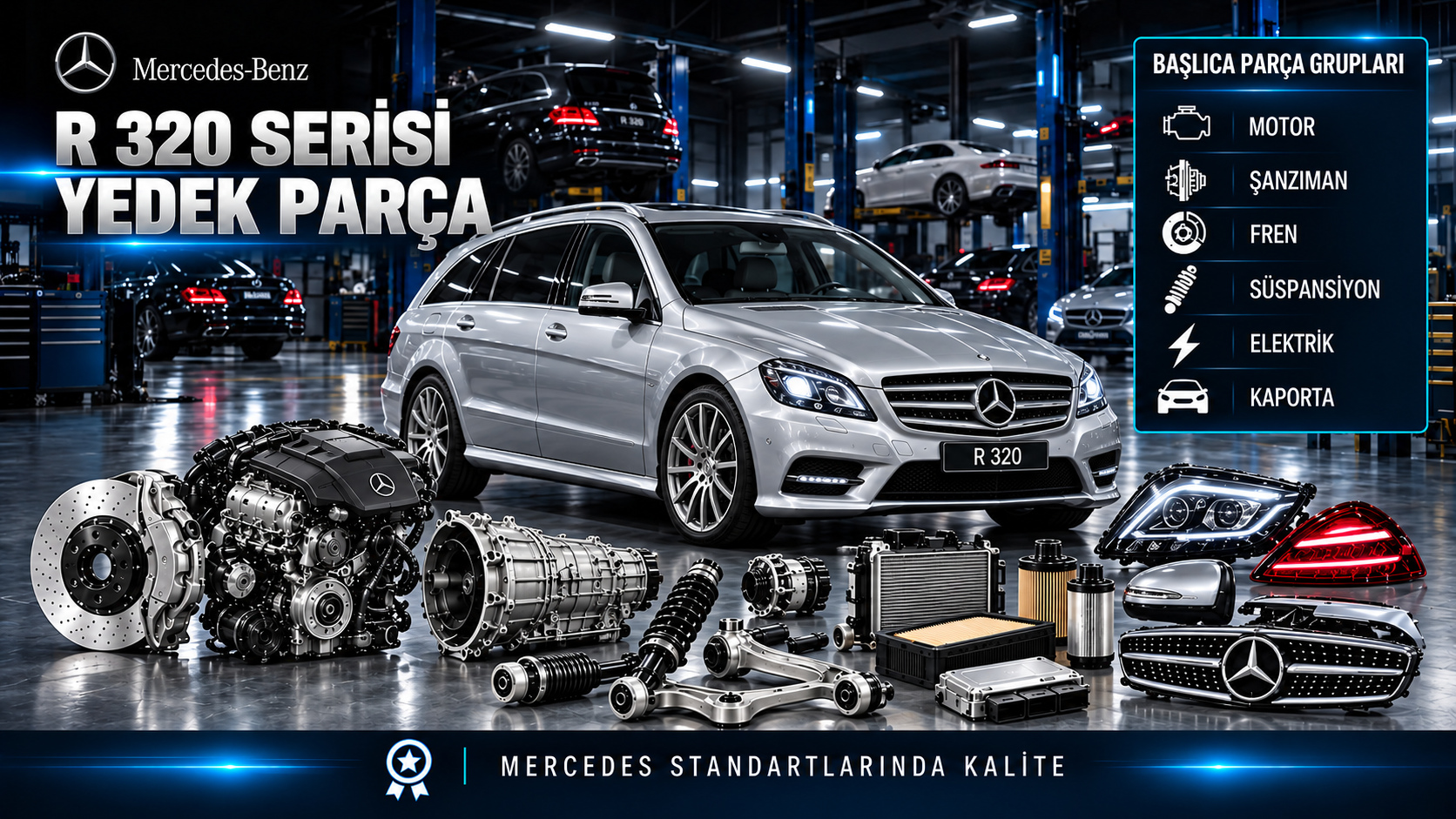 Mercedes R 320 için kategoriye uygun tahrik, bakım, fren, süspansiyon ve gövde parçaları