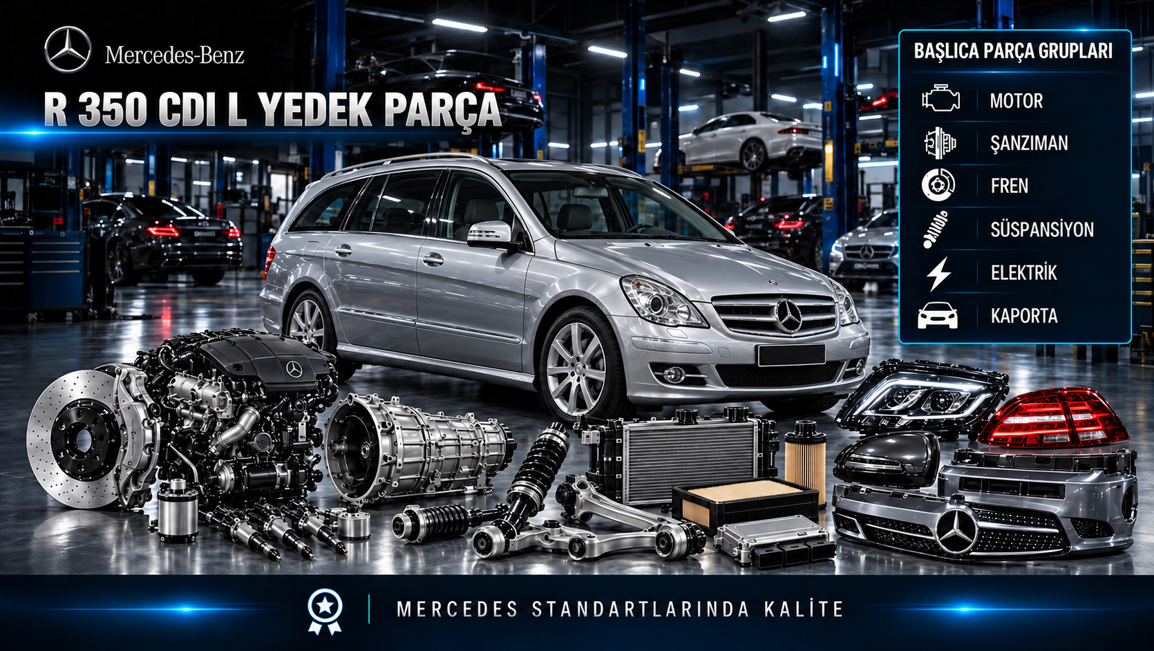 Mercedes-Benz R 350 CDI L için dizel motor, bakım, aktarma, süspansiyon ve uzun gövde kabin parçalarını gösteren kategori görseli