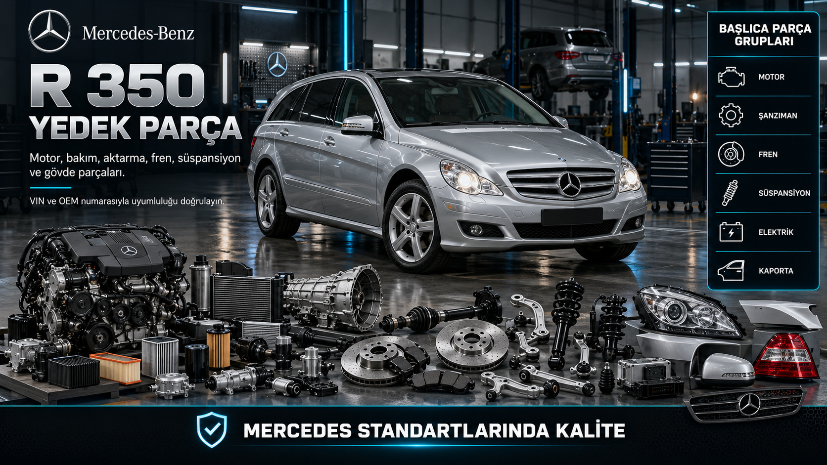 Mercedes-Benz R 350 motor, bakım, aktarma, fren, süspansiyon ve gövde parçaları