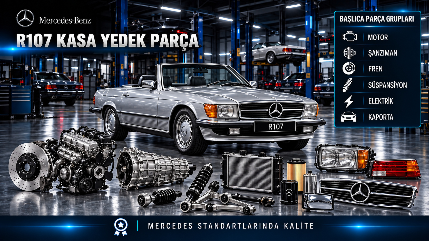 Mercedes SL R107 klasik roadster motor, fren, süspansiyon, gövde ve tavan fitilleri