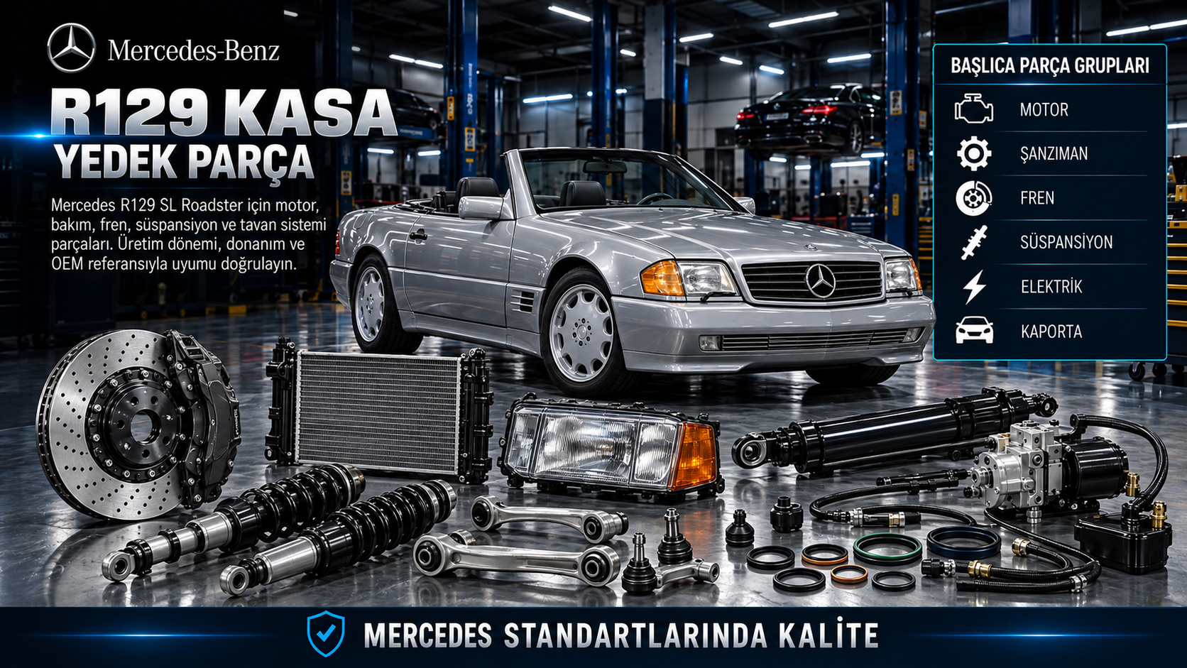 Mercedes R129 SL Roadster için motor, fren, süspansiyon ve tavan hidrolik parçaları