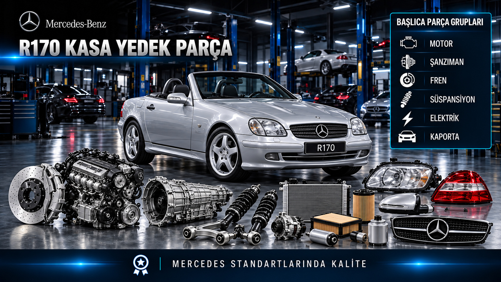 Mercedes SLK R170 motor, bakım, fren, süspansiyon ve katlanır sert tavan parçaları