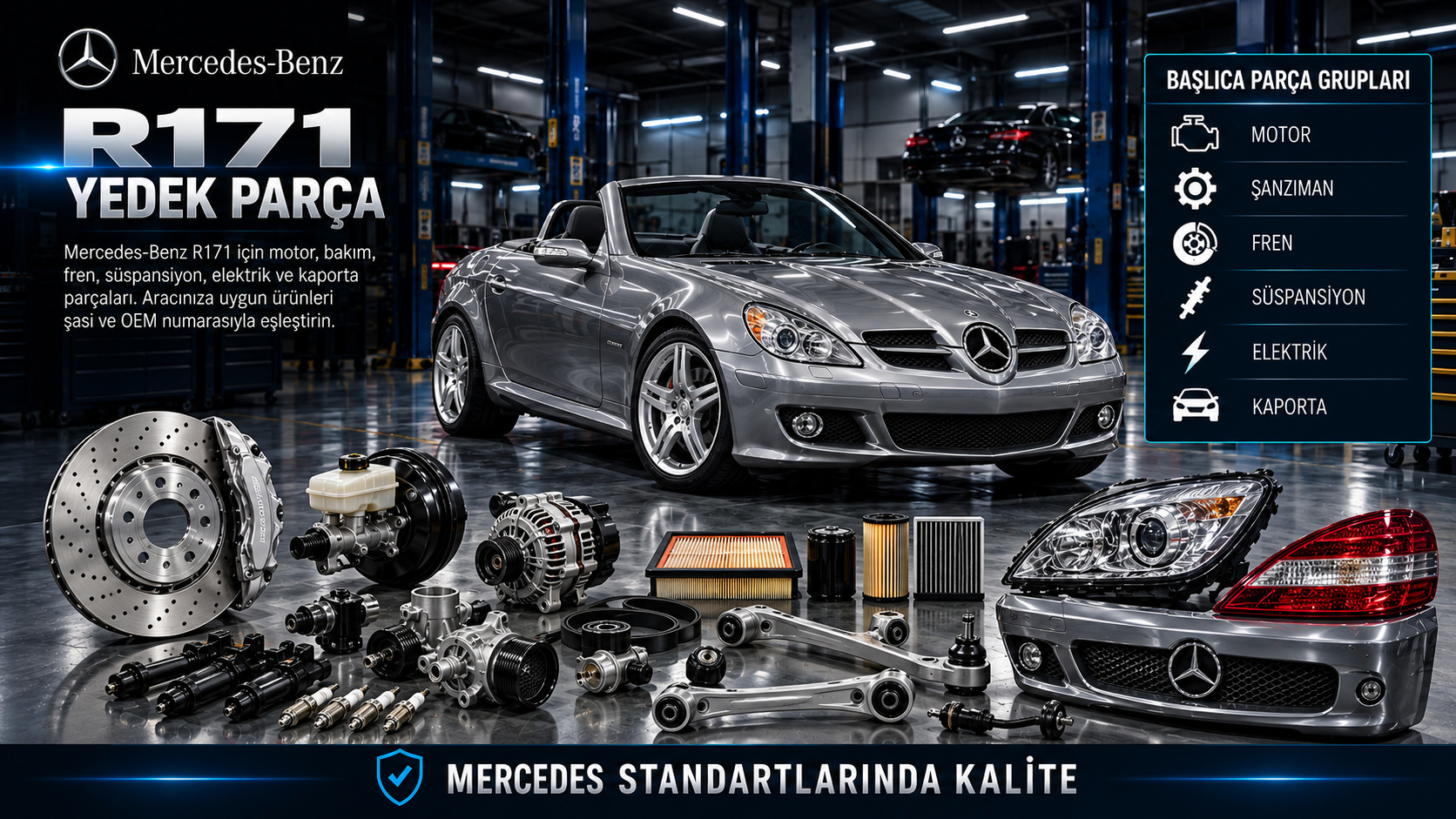 Mercedes-Benz R171 SLK için motor, fren, süspansiyon ve katlanır sert tavan parçaları
