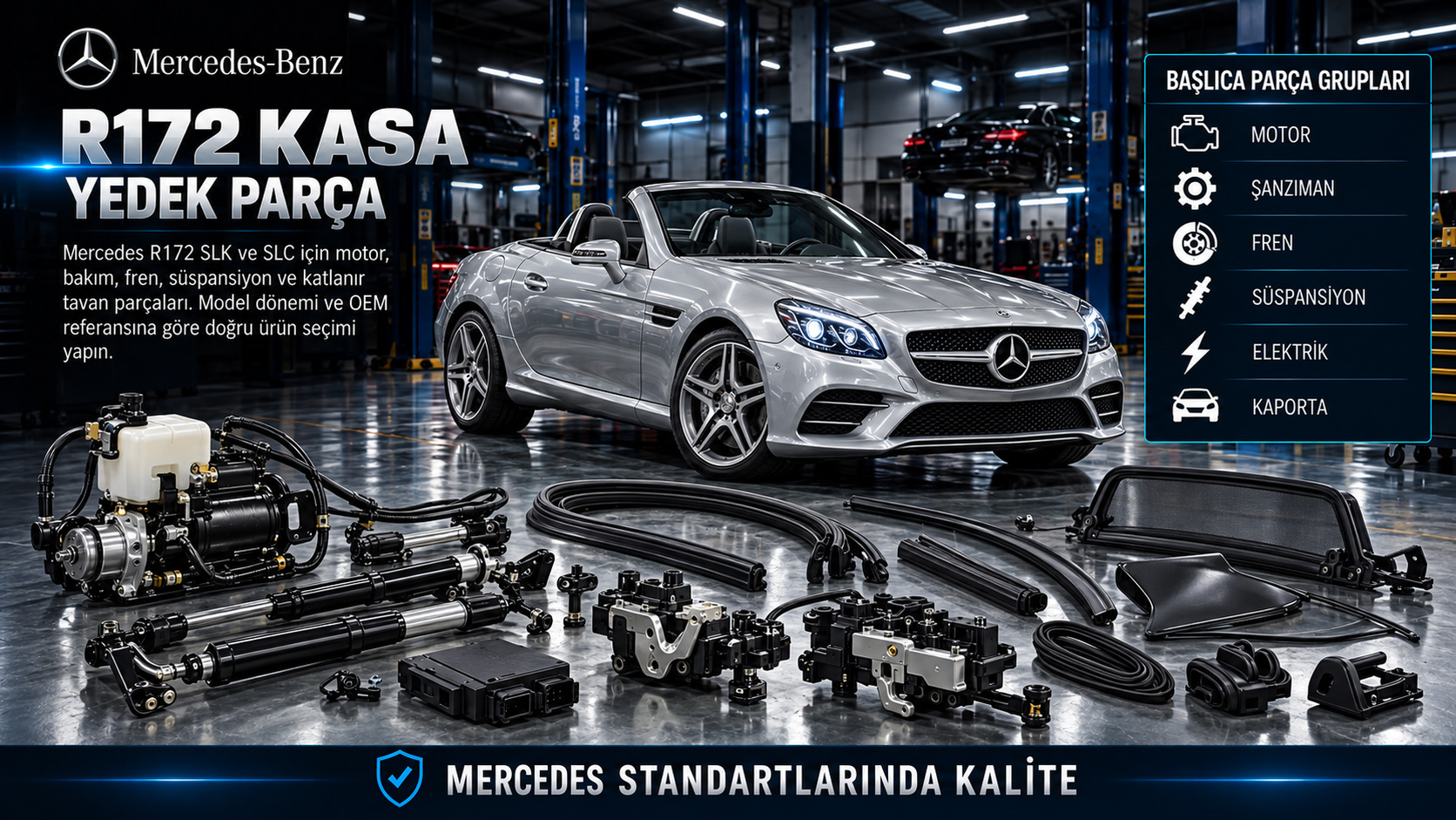 Mercedes R172 SLK ve SLC için motor, fren, süspansiyon ve katlanır tavan parçaları