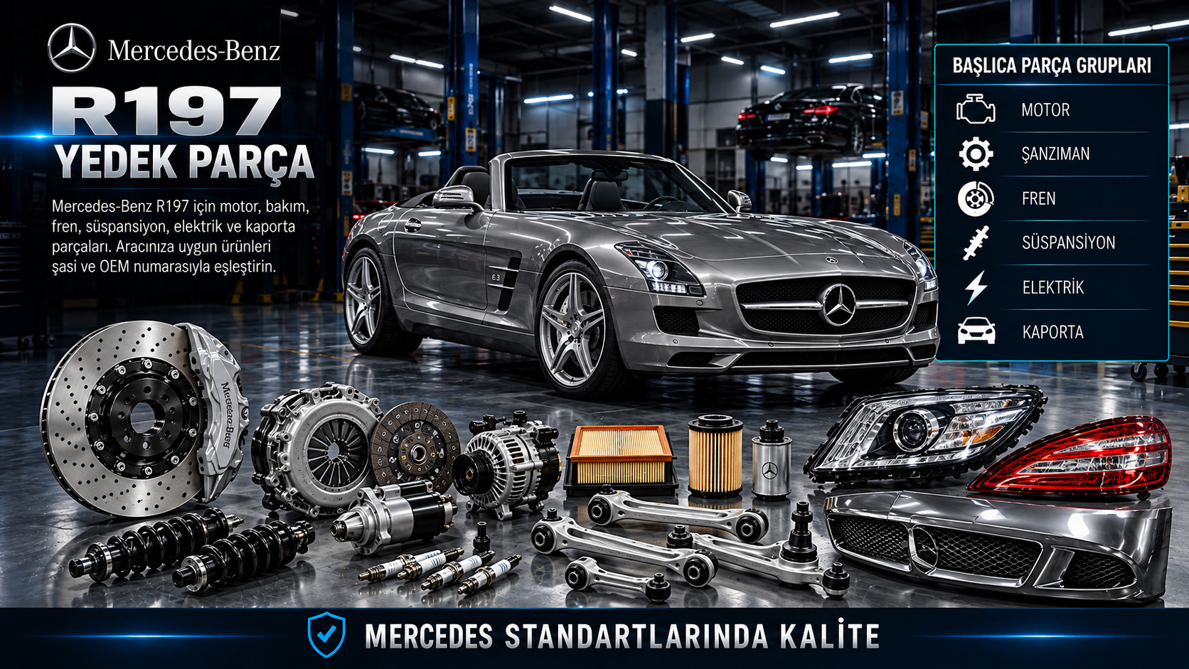 Mercedes-Benz R197 SLS AMG Roadster için V8 motor, performans freni ve roadster gövde parçaları