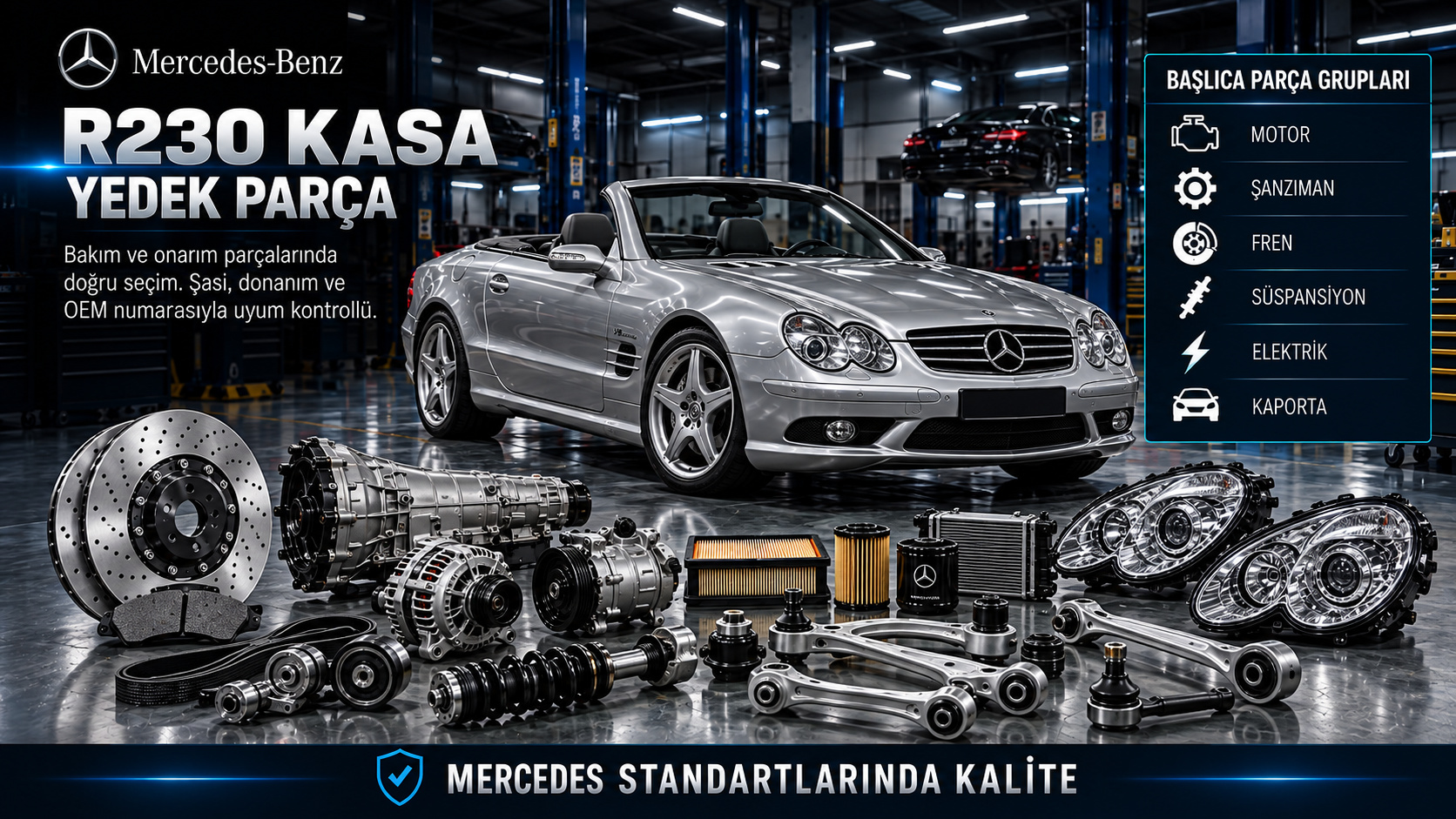 Mercedes R230 SL roadster motor, şanzıman, fren, süspansiyon ve açılır sert tavan parçaları