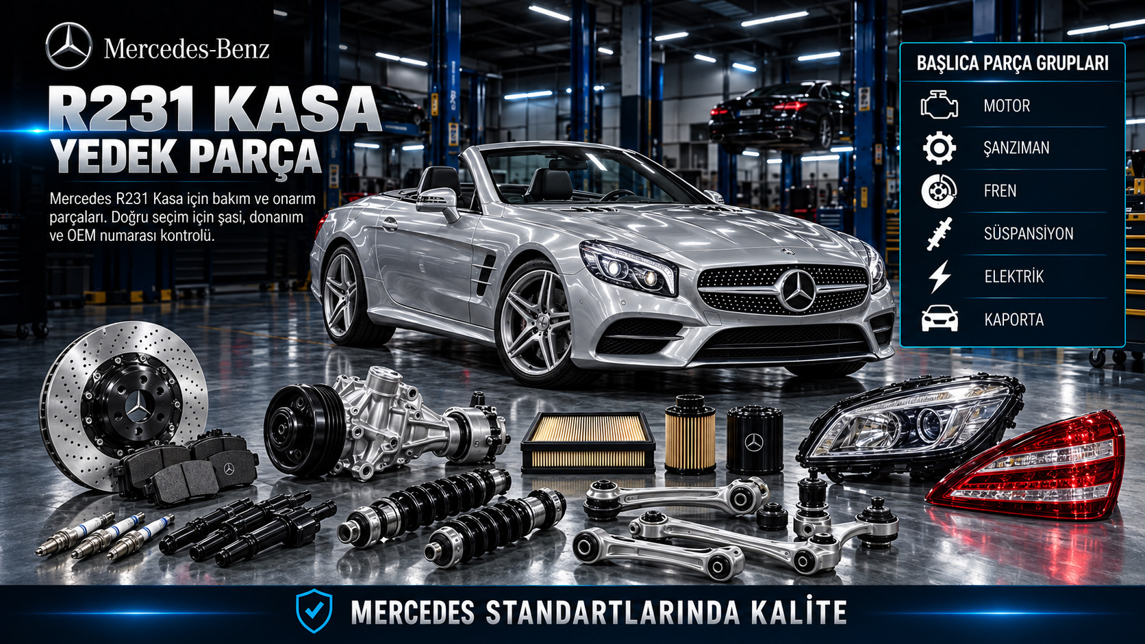 Mercedes R231 SL roadster motor, fren, süspansiyon, katlanır tavan ve gövde parçaları