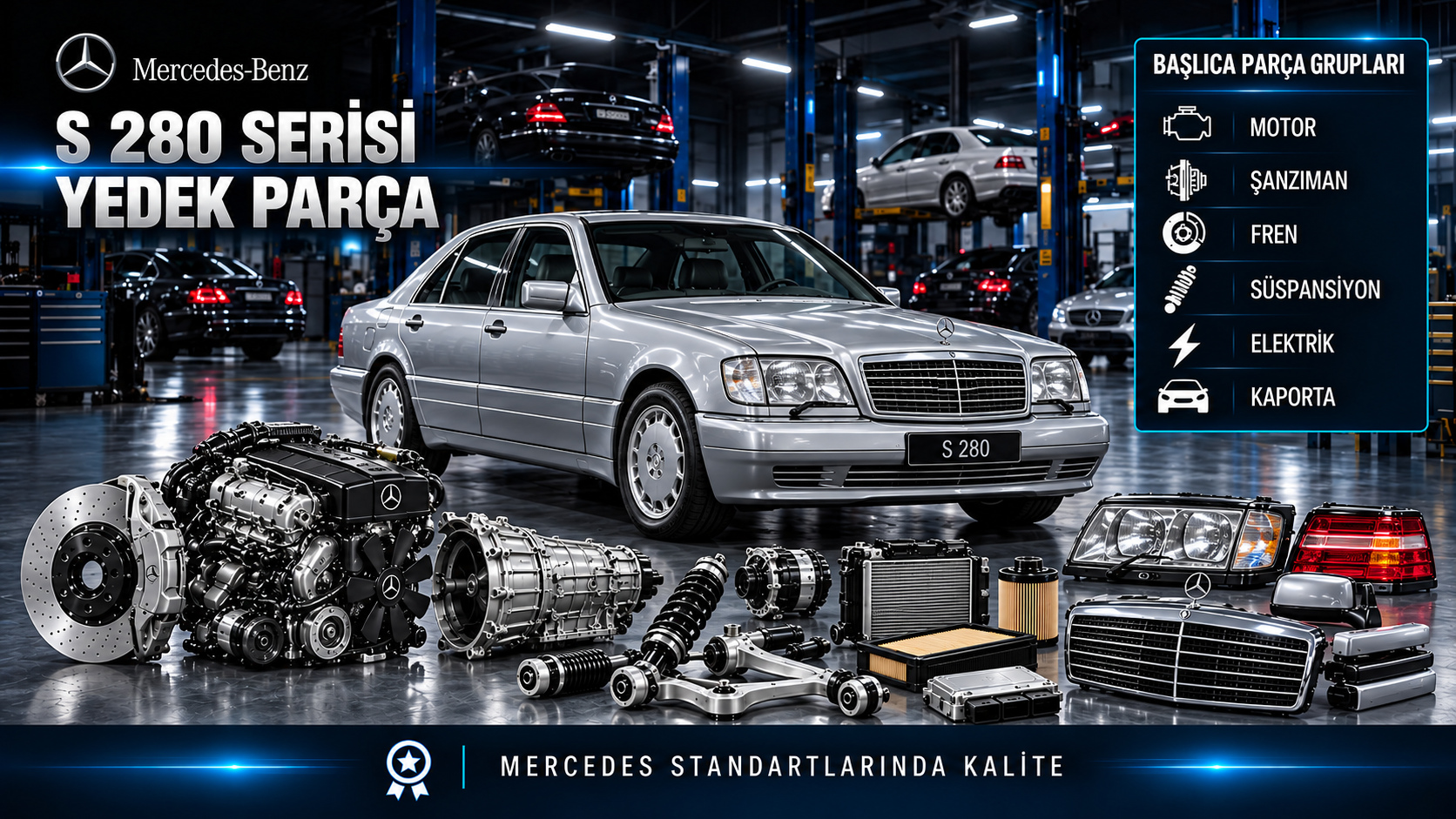 Mercedes S 280 için kategoriye uygun tahrik, bakım, fren, süspansiyon ve gövde parçaları