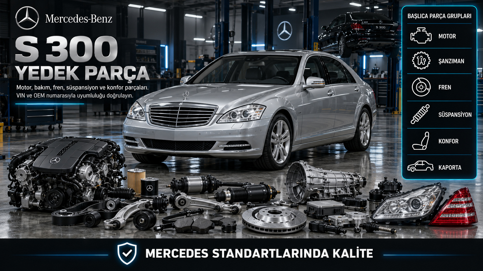 Mercedes-Benz S 300 motor, bakım, fren, süspansiyon ve konfor parçaları
