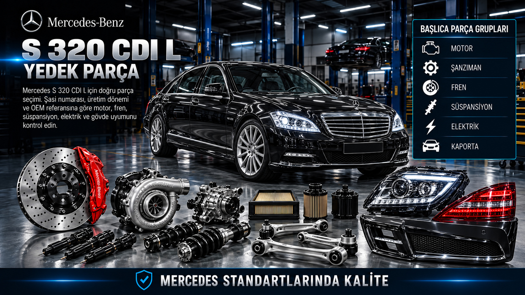 Mercedes-Benz S 320 CDI L uzun gövde dizel motor, süspansiyon ve konfor parçaları