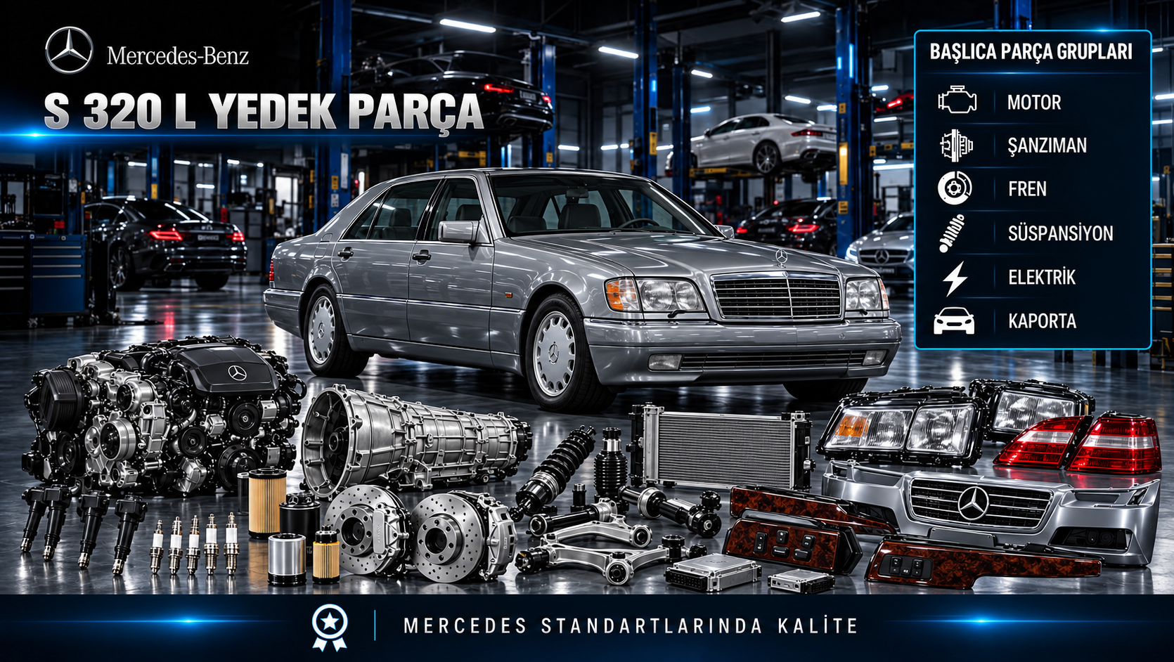 Mercedes-Benz S 320 L için motor, bakım, soğutma, fren, süspansiyon ve uzun gövde konfor parçalarını gösteren kategori görseli