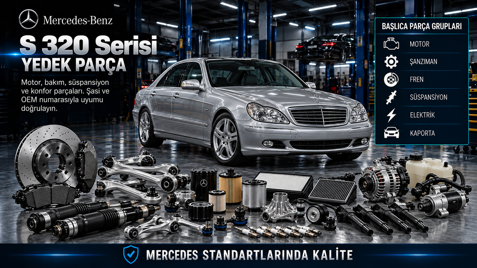 Mercedes S 320 sedan için motor, bakım, şanzıman, fren, süspansiyon ve konfor parçaları