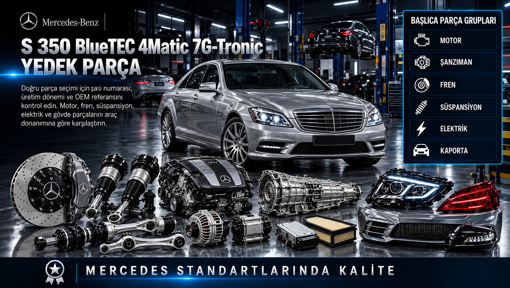 Mercedes S 350 BlueTEC 4Matic 7G-Tronic Yedek Parça: motor, aktarma, fren, süspansiyon ve gövde parçaları