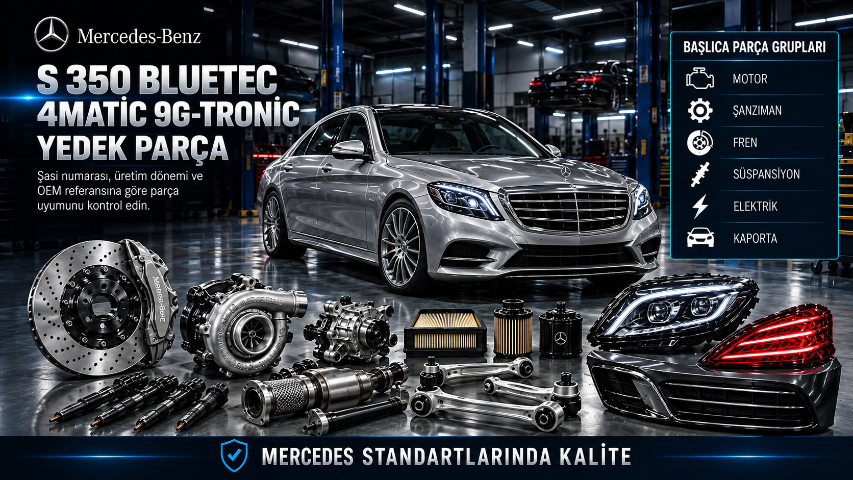 Mercedes S 350 BlueTEC 4MATIC 9G-Tronic dizel motor, aktarma, şanzıman ve konfor parçaları