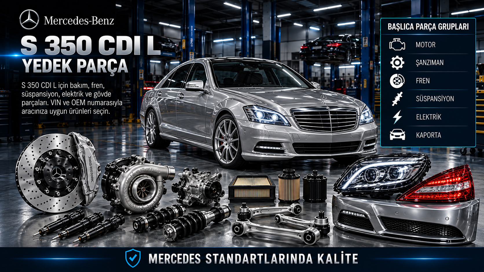 Mercedes-Benz S 350 CDI L dizel motor, uzun gövde, süspansiyon ve konfor parçaları
