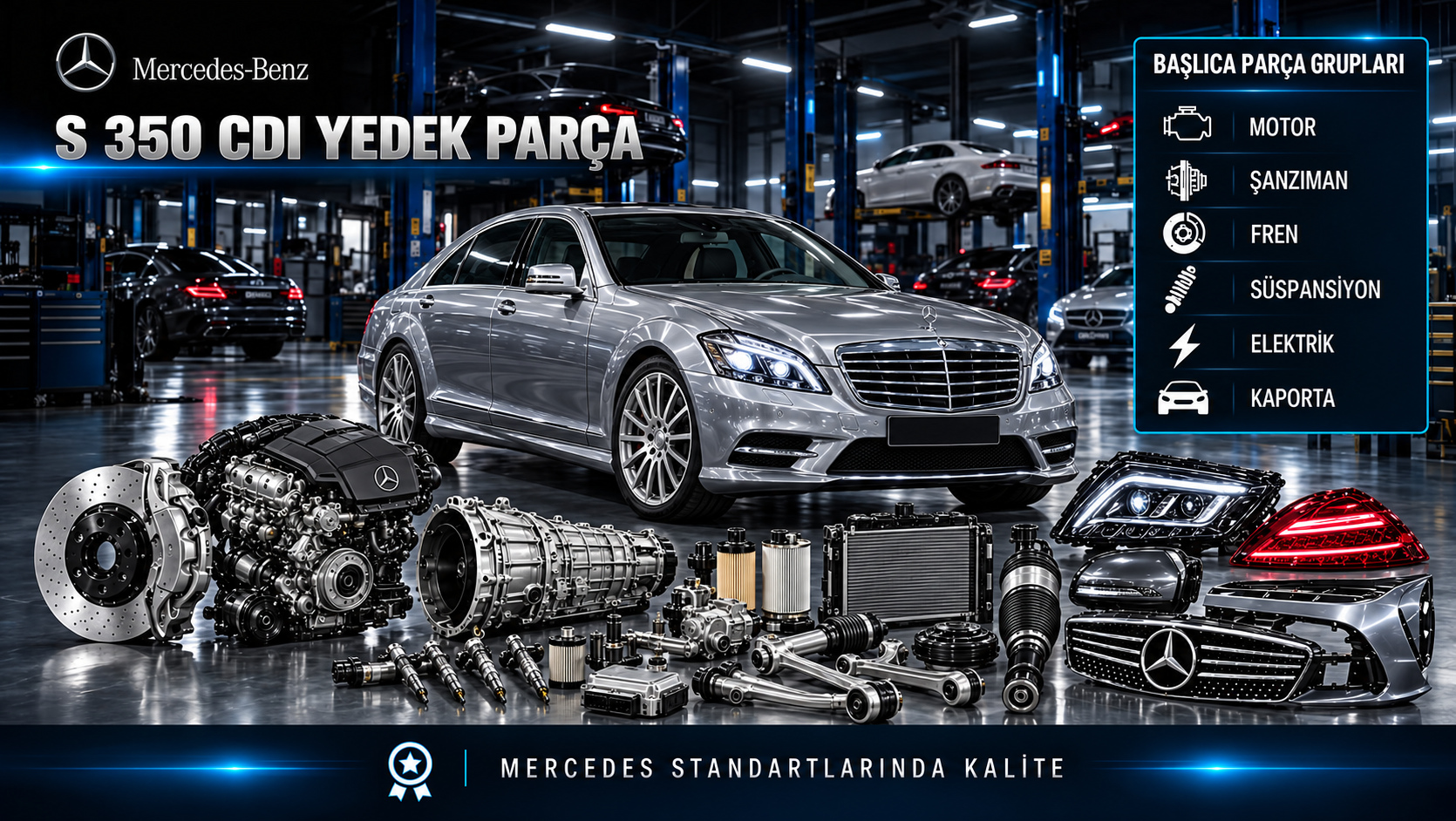Mercedes-Benz S 350 CDI için dizel motor, yakıt, bakım, soğutma, fren, süspansiyon ve konfor parçalarını gösteren kategori görseli
