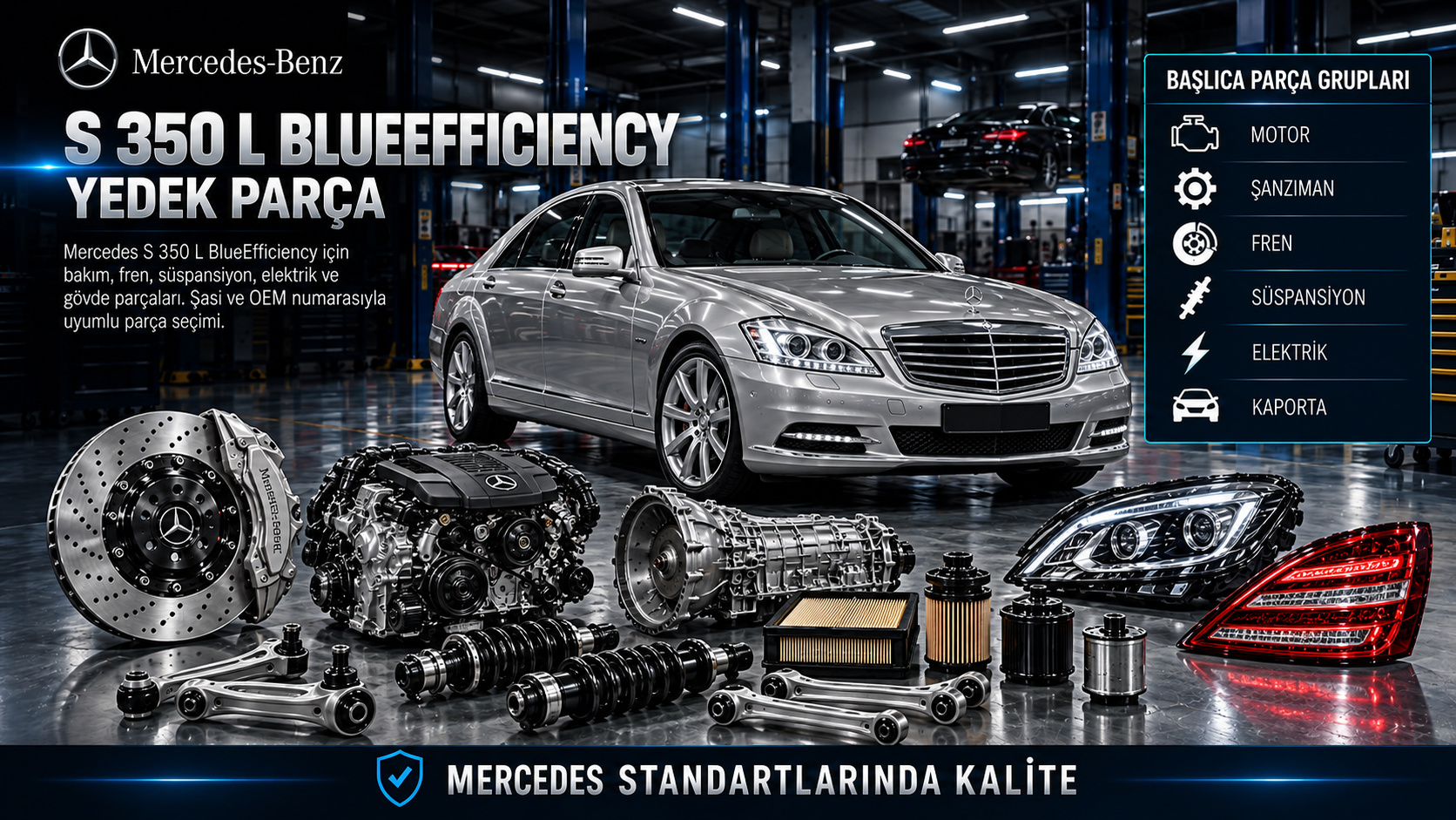 Mercedes S 350 L BlueEfficiency motor, şanzıman, fren, süspansiyon, konfor elektroniği ve uzun gövde parçaları