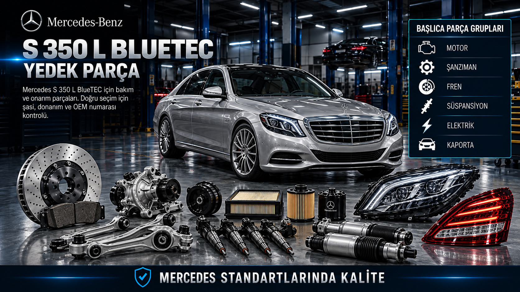 Mercedes S 350 L BlueTEC uzun gövde, dizel motor, hava süspansiyonu ve konfor parçaları