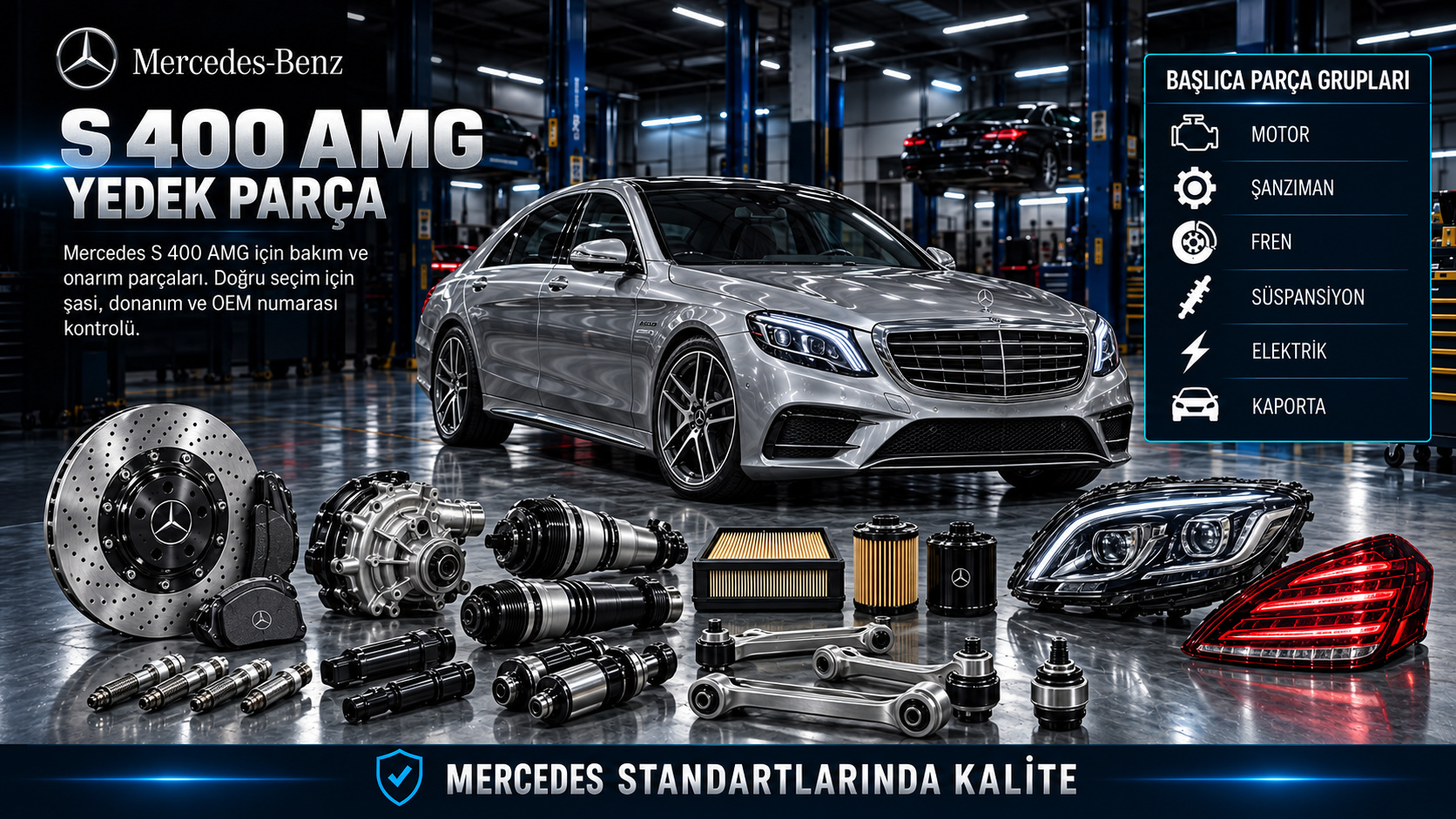 Mercedes S 400 AMG paket motor bakım, fren, süspansiyon, elektronik ve gövde parçaları