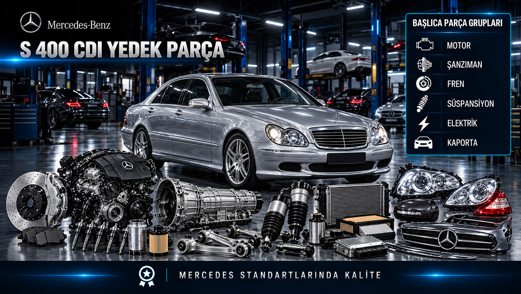 Mercedes-Benz S 400 CDI için dizel motor, yakıt, bakım, şanzıman, süspansiyon ve lüks sedan parçalarını gösteren kategori görseli