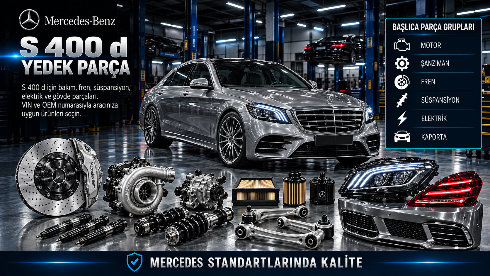 Mercedes-Benz S 400 d dizel motor, bakım, fren, süspansiyon ve elektronik parçaları