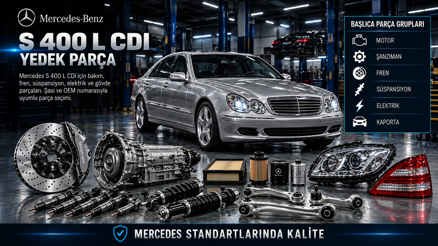 Mercedes S 400 L CDI dizel motor, enjektör, şanzıman, fren, süspansiyon ve uzun gövde yedek parçaları