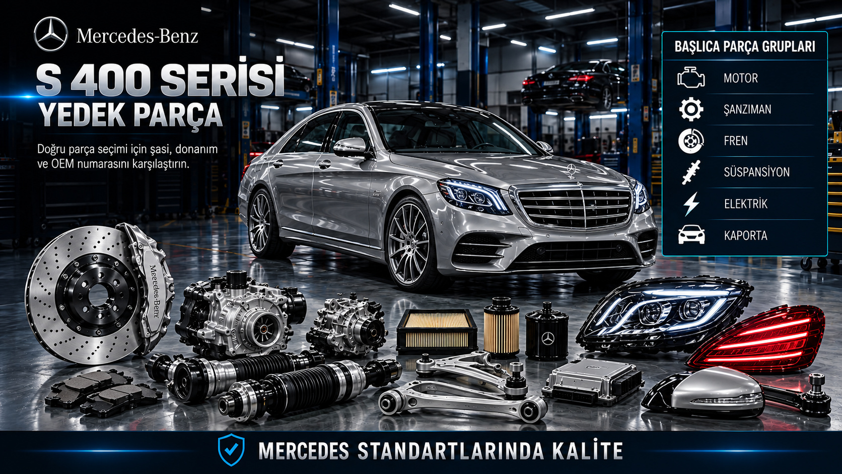 Mercedes S 400 motor, aktarma, fren, konfor süspansiyonu ve gövde parçaları