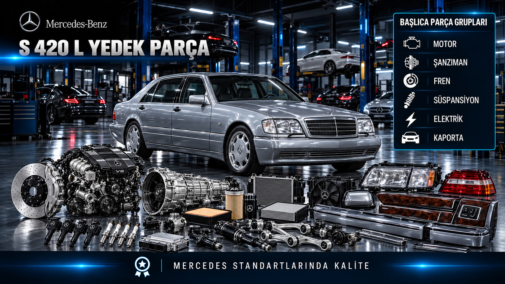 Mercedes-Benz S 420 L için motor, ateşleme, bakım, fren ve uzun gövde klasik S-Serisi parçalarını gösteren kategori görseli