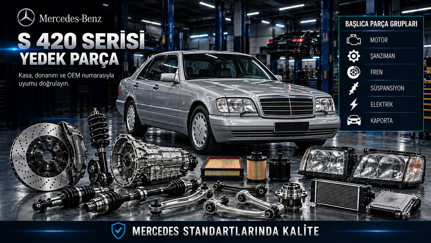 Mercedes S 420 Serisi Yedek Parça kategori tanıtımı ve donanıma uygun ürün grupları