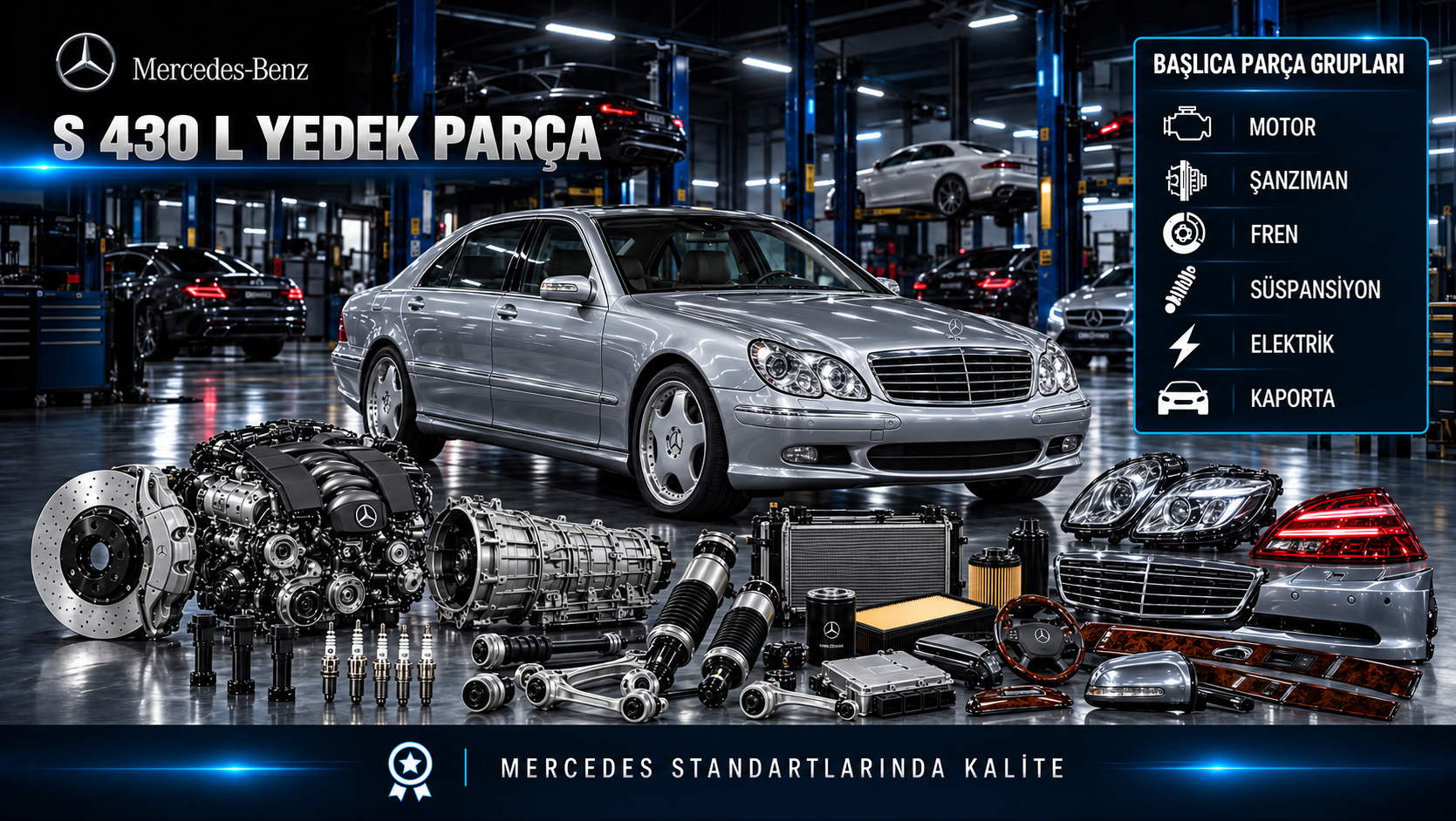 Mercedes-Benz S 430 L için motor, ateşleme, bakım, süspansiyon ve uzun gövde konfor parçalarını gösteren kategori görseli