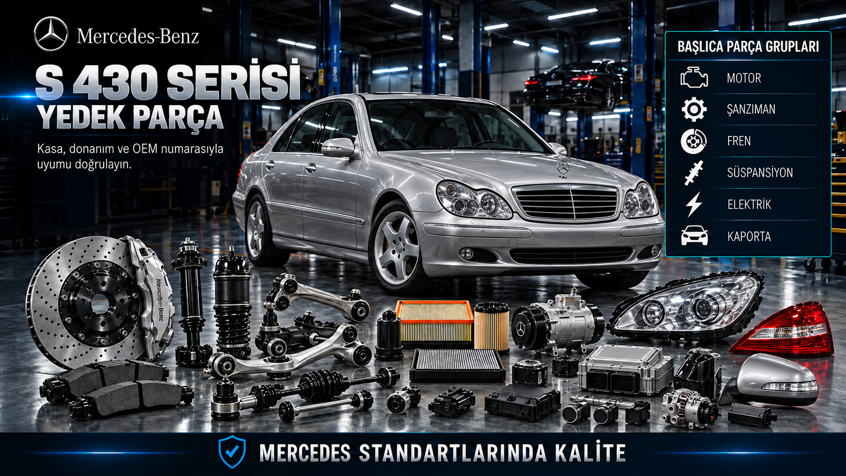 Mercedes S 430 benzinli motor, şanzıman, konfor elektroniği ve süspansiyon parçaları