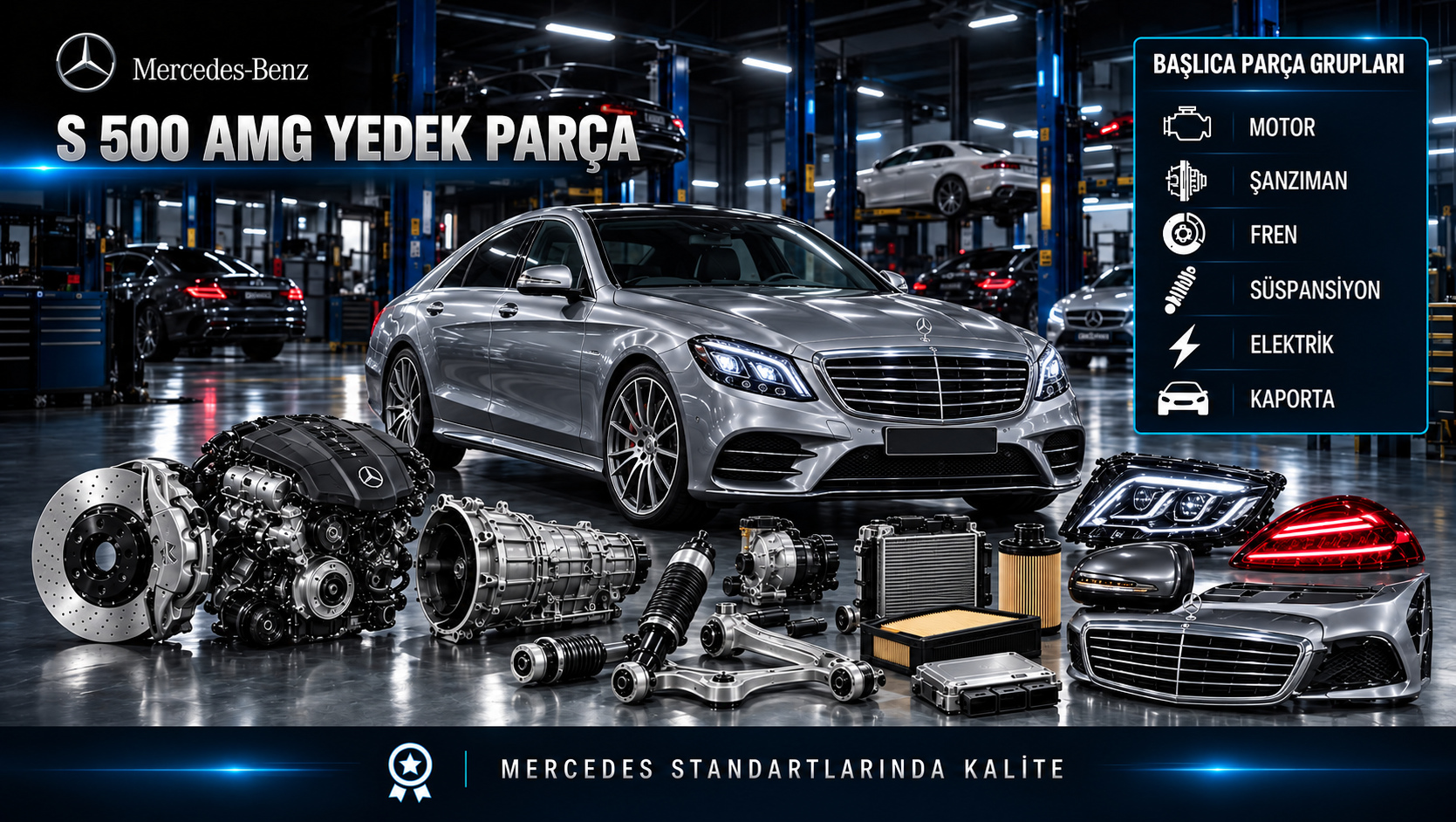 Mercedes-Benz S 500 AMG için motor, bakım, fren, süspansiyon, AMG gövde ve konfor parçalarını gösteren kategori görseli