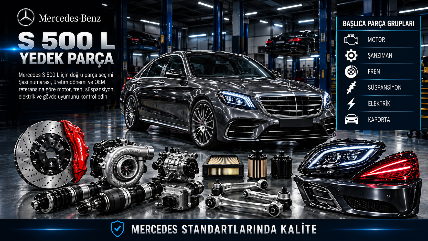 Mercedes-Benz S 500 L motor, soğutma, fren ve uzun gövde konfor parçaları