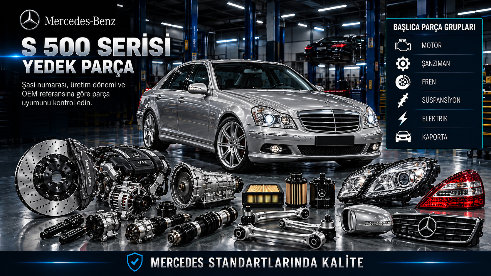Mercedes S 500 benzinli motor, şanzıman, konfor, fren ve süspansiyon parçaları