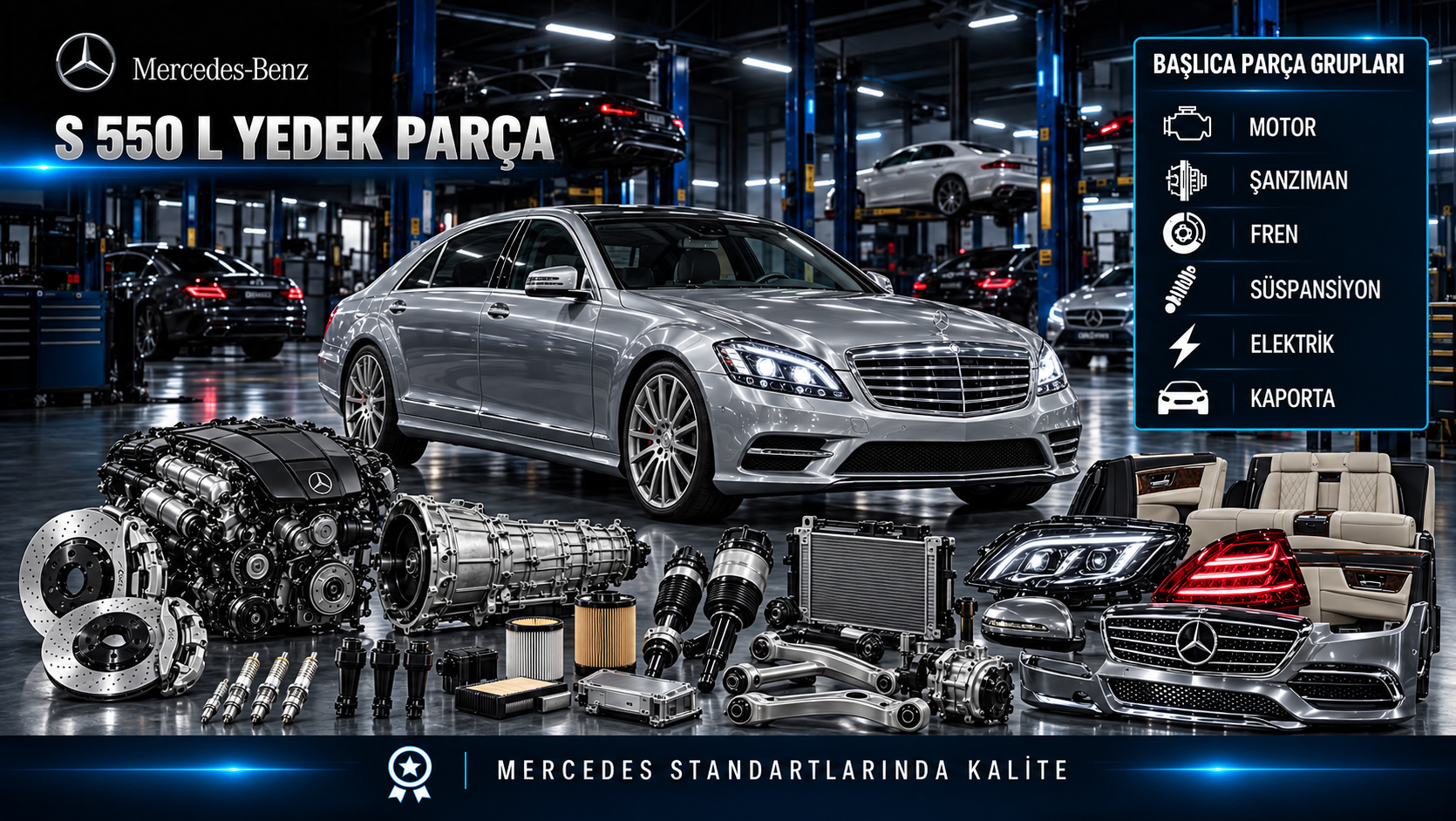 Mercedes-Benz S 550 L için motor, bakım, soğutma, şasi ve uzun gövde konfor parçalarını gösteren kategori görseli