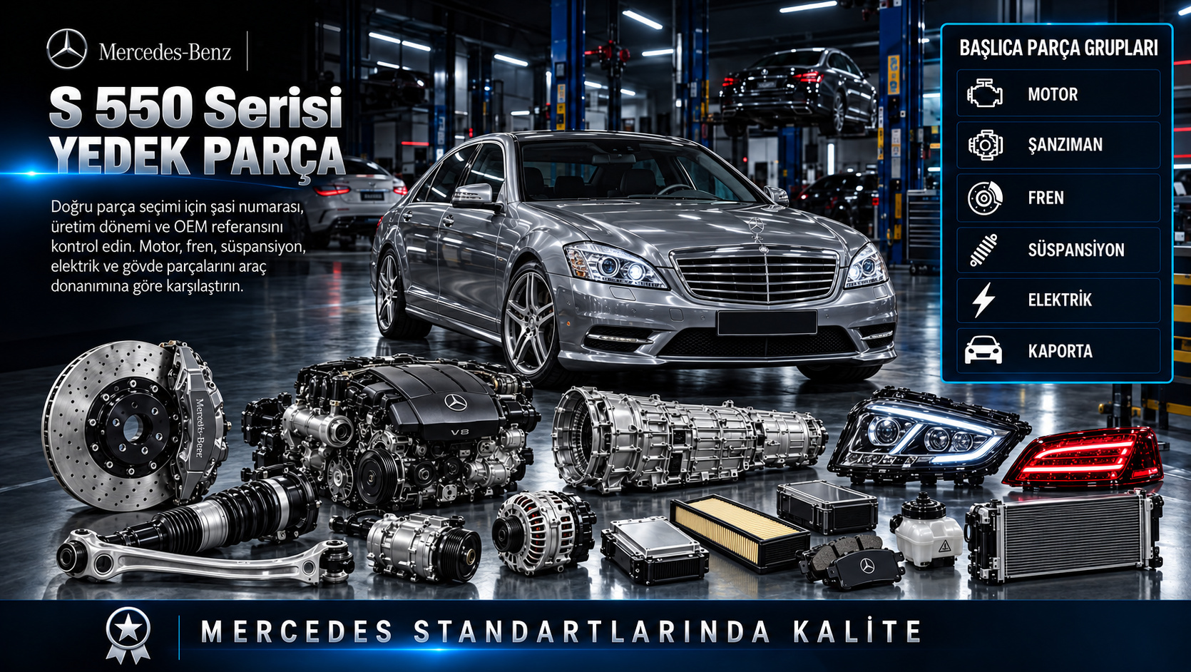 Mercedes S 550 Serisi Yedek Parça: motor, aktarma, fren, süspansiyon ve gövde parçaları