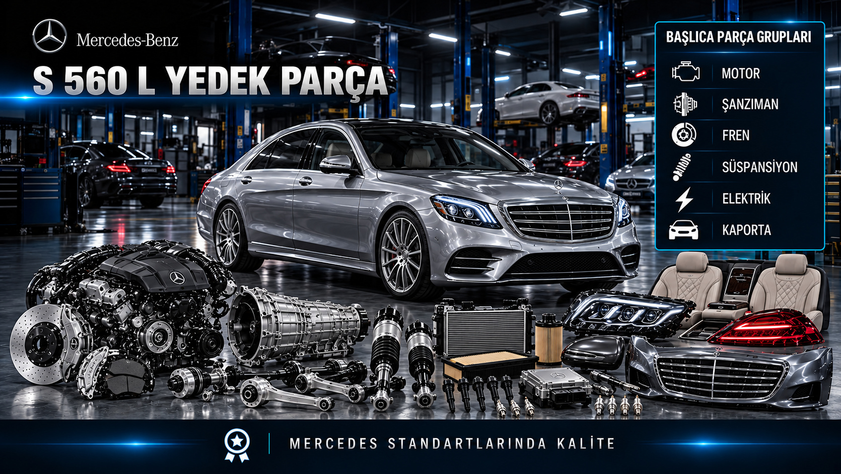 Mercedes-Benz S 560 L için motor, bakım, soğutma, aktarma ve uzun gövde konfor parçalarını gösteren kategori görseli