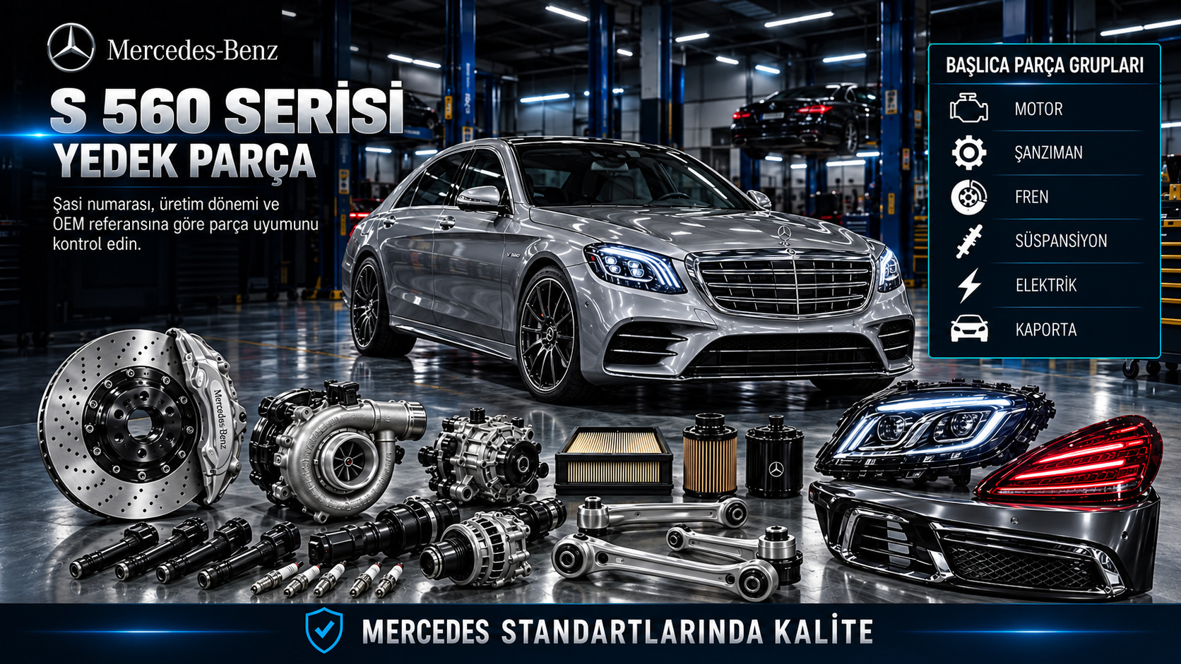 Mercedes S 560 benzinli motor, şanzıman, süspansiyon, konfor ve gövde parçaları