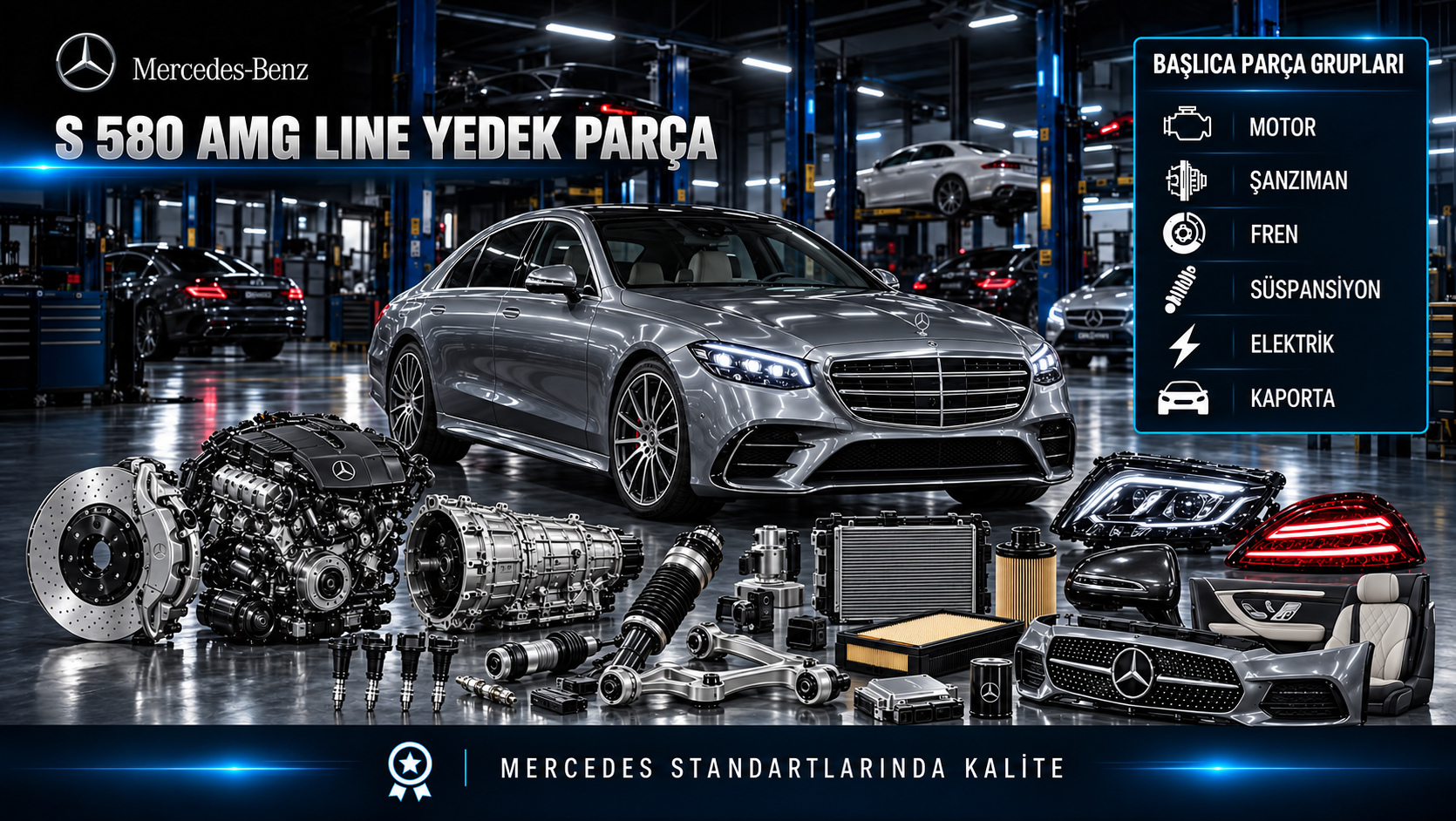 Mercedes-Benz S 580 AMG Line için motor, bakım, fren, süspansiyon, AMG Line gövde ve konfor parçalarını gösteren kategori görseli
