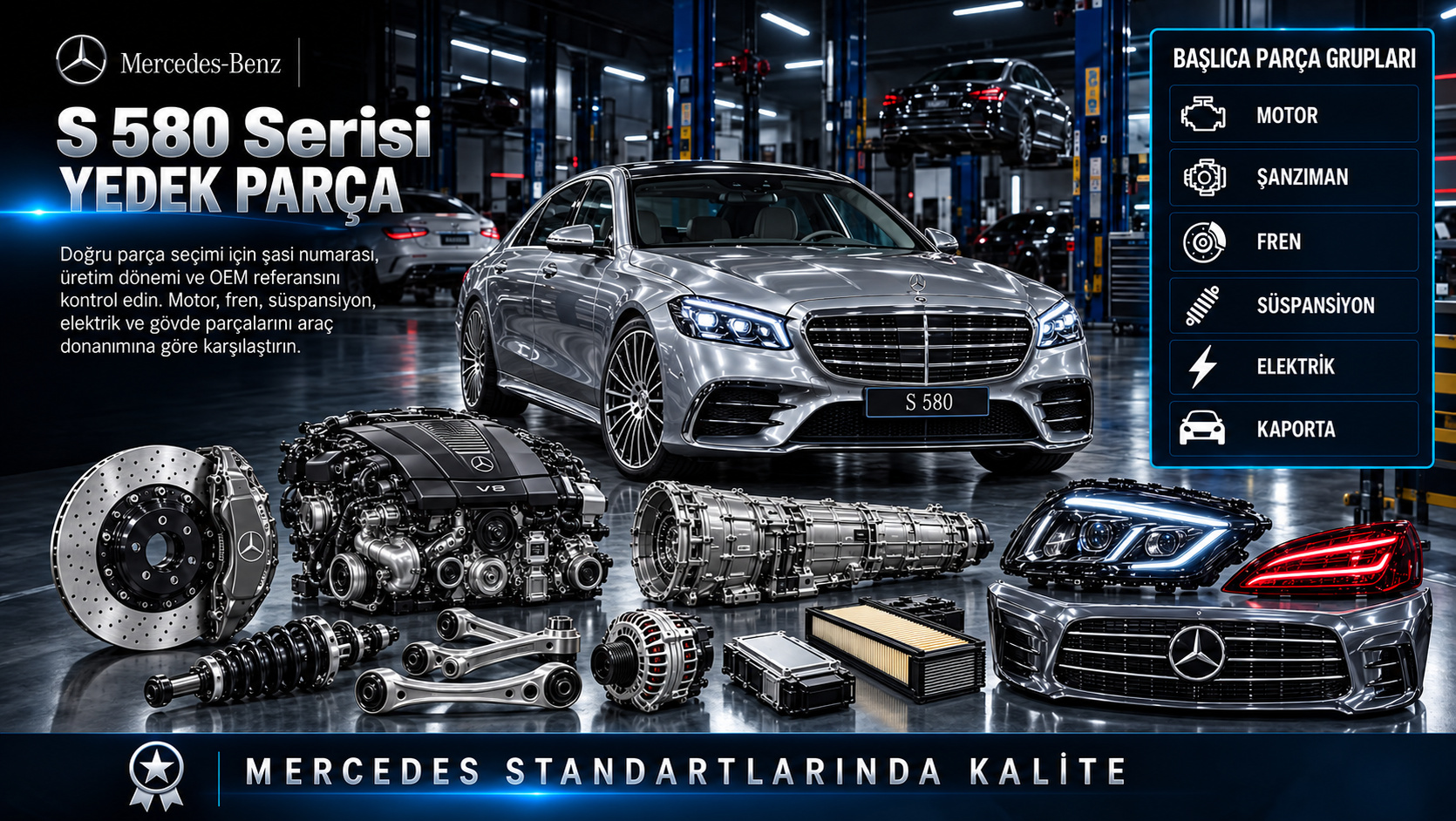 Mercedes S 580 Serisi benzinli motor, şanzıman, konfor süspansiyonu ve elektronik parçaları