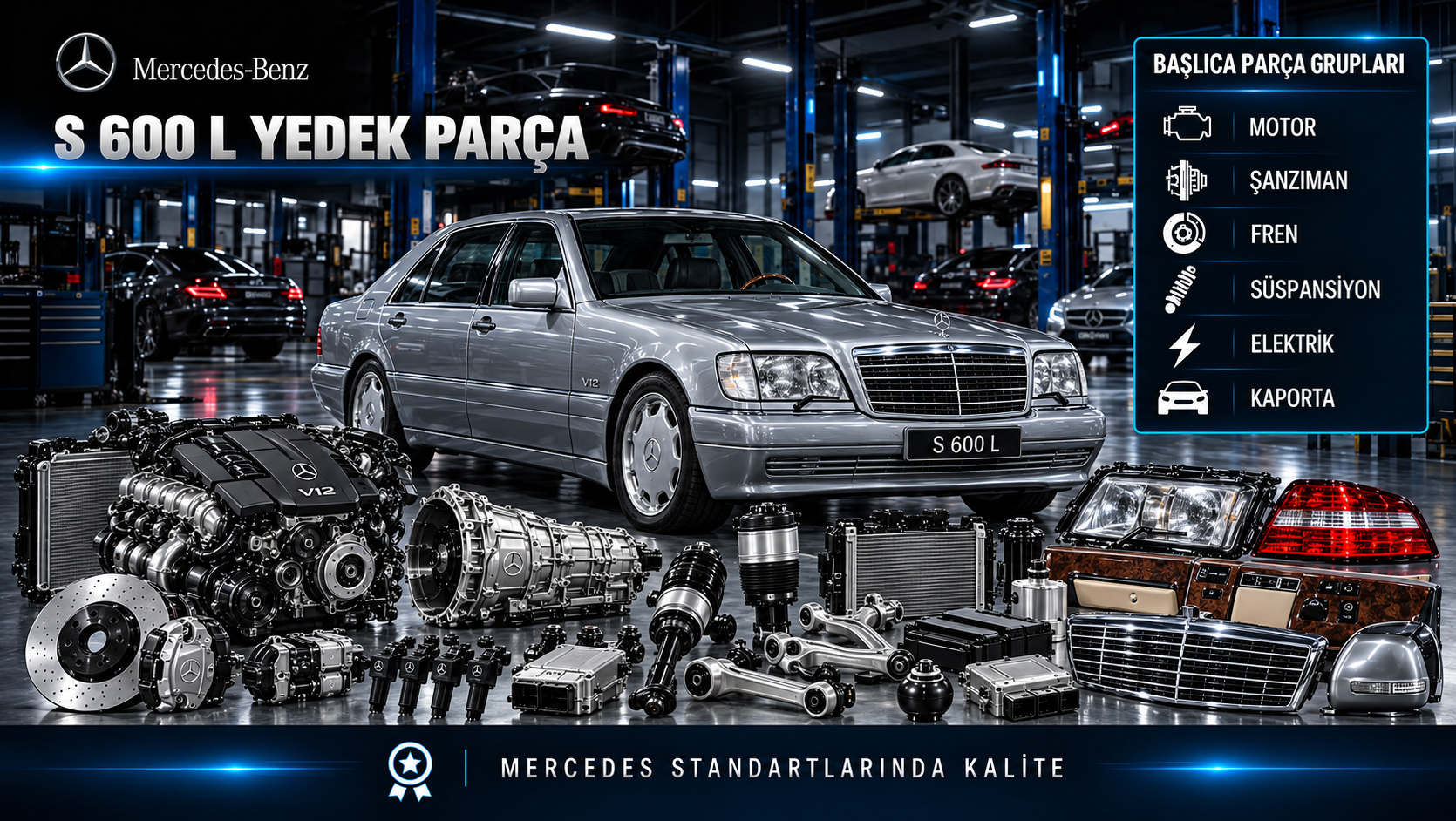 Mercedes S 600 L motor, bakım, fren, süspansiyon, uzun gövde ve konfor parçaları