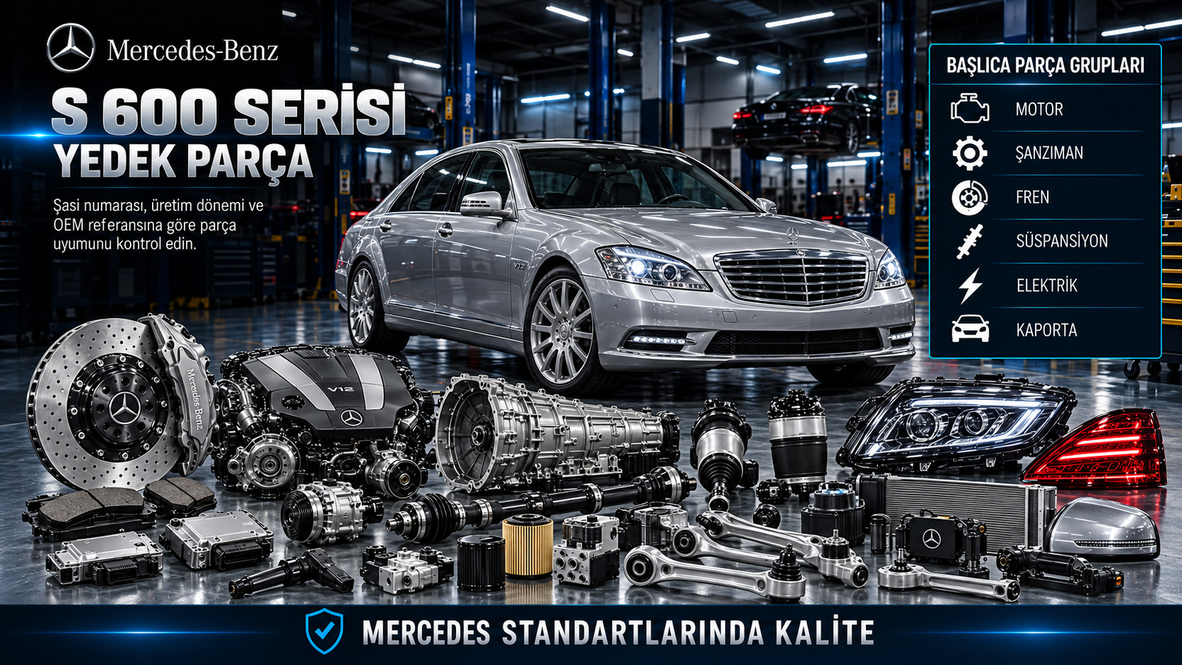 Mercedes S 600 Serisi V12 motor, ateşleme, soğutma, şanzıman ve süspansiyon parçaları