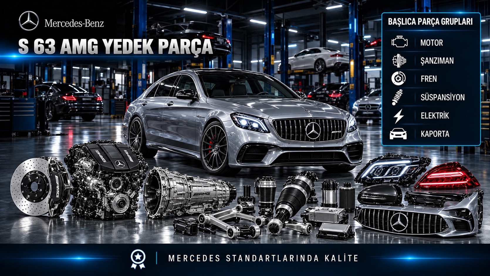 Mercedes-Benz S 63 AMG için motor, bakım, fren, süspansiyon ve gövde parçalarını gösteren kategori bannerı