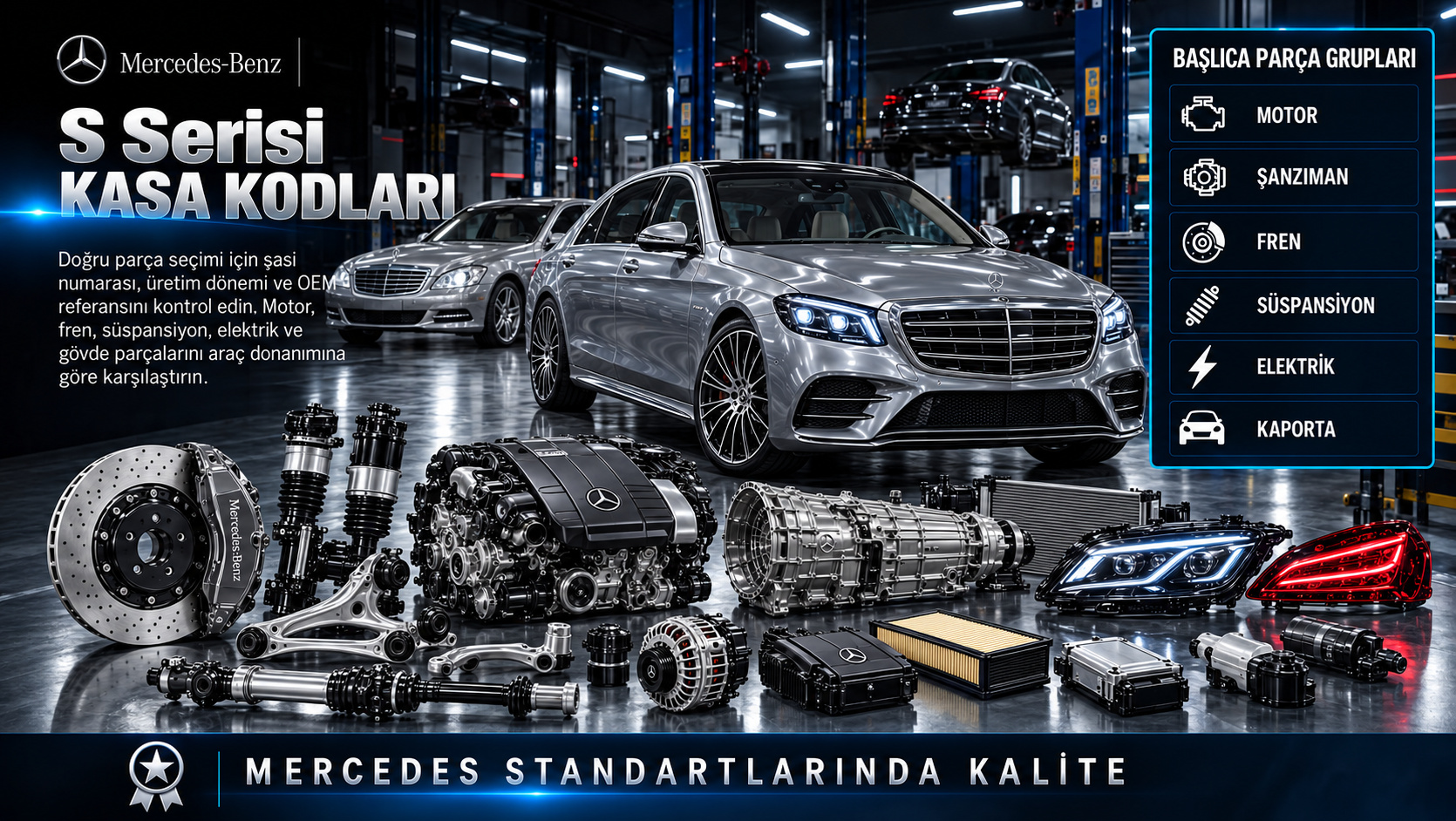 Mercedes S Serisi kasa kodlarına göre motor, şanzıman, konfor ve gövde parçaları