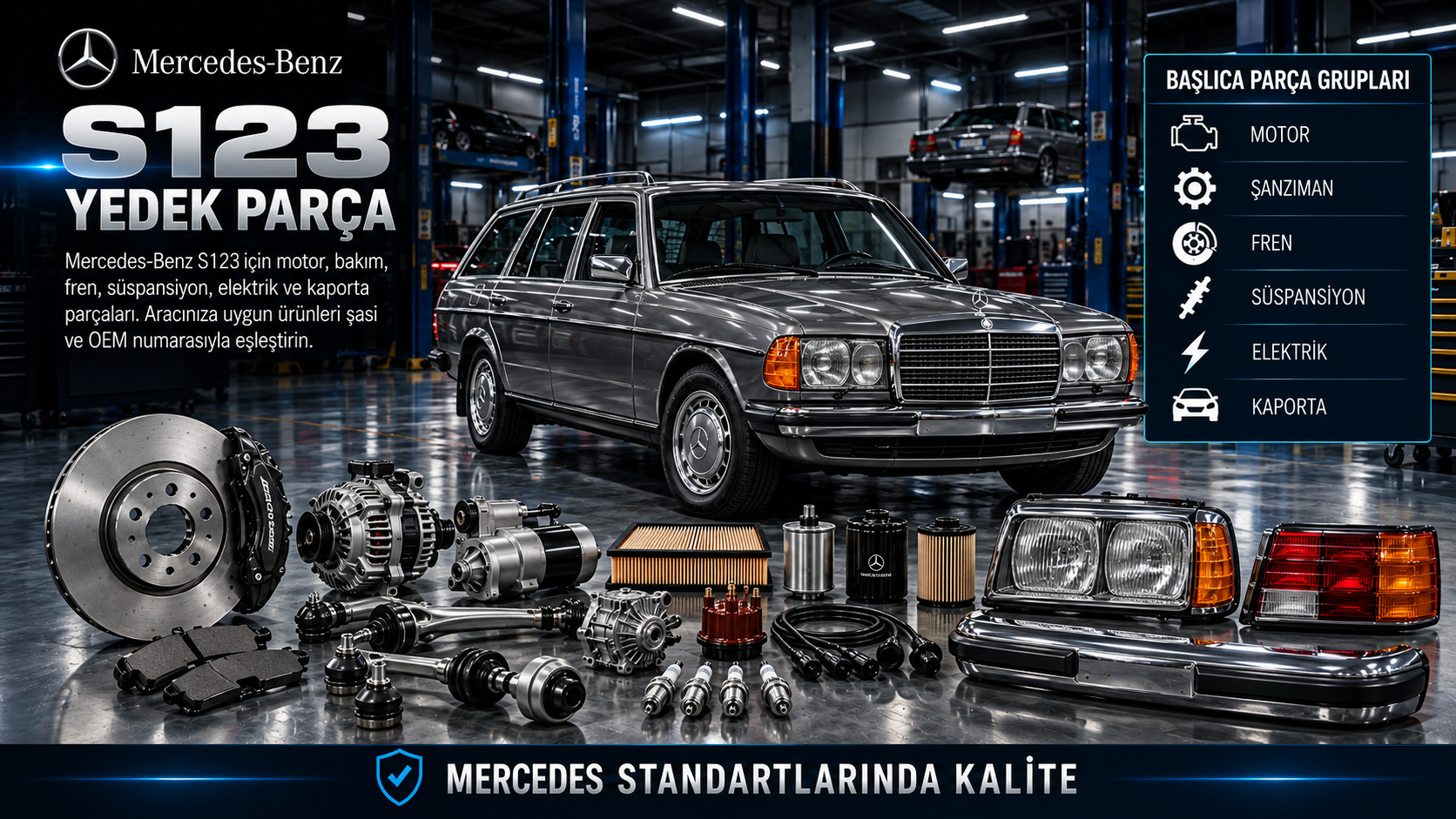 Mercedes-Benz S123 T-Model için klasik motor, fren, süspansiyon ve station wagon parçaları