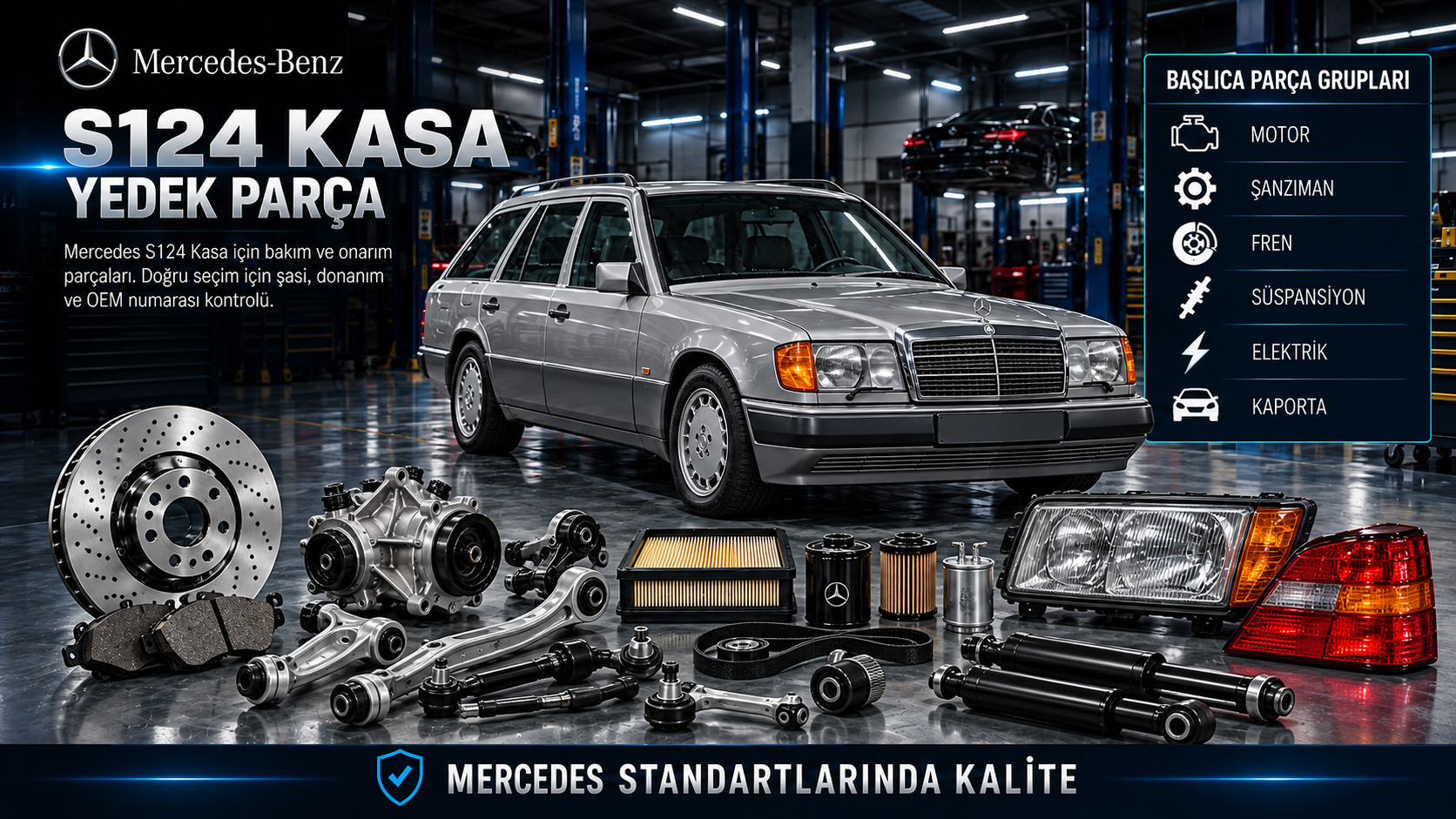 Mercedes S124 station wagon motor, fren, arka süspansiyon, bagaj ve gövde parçaları