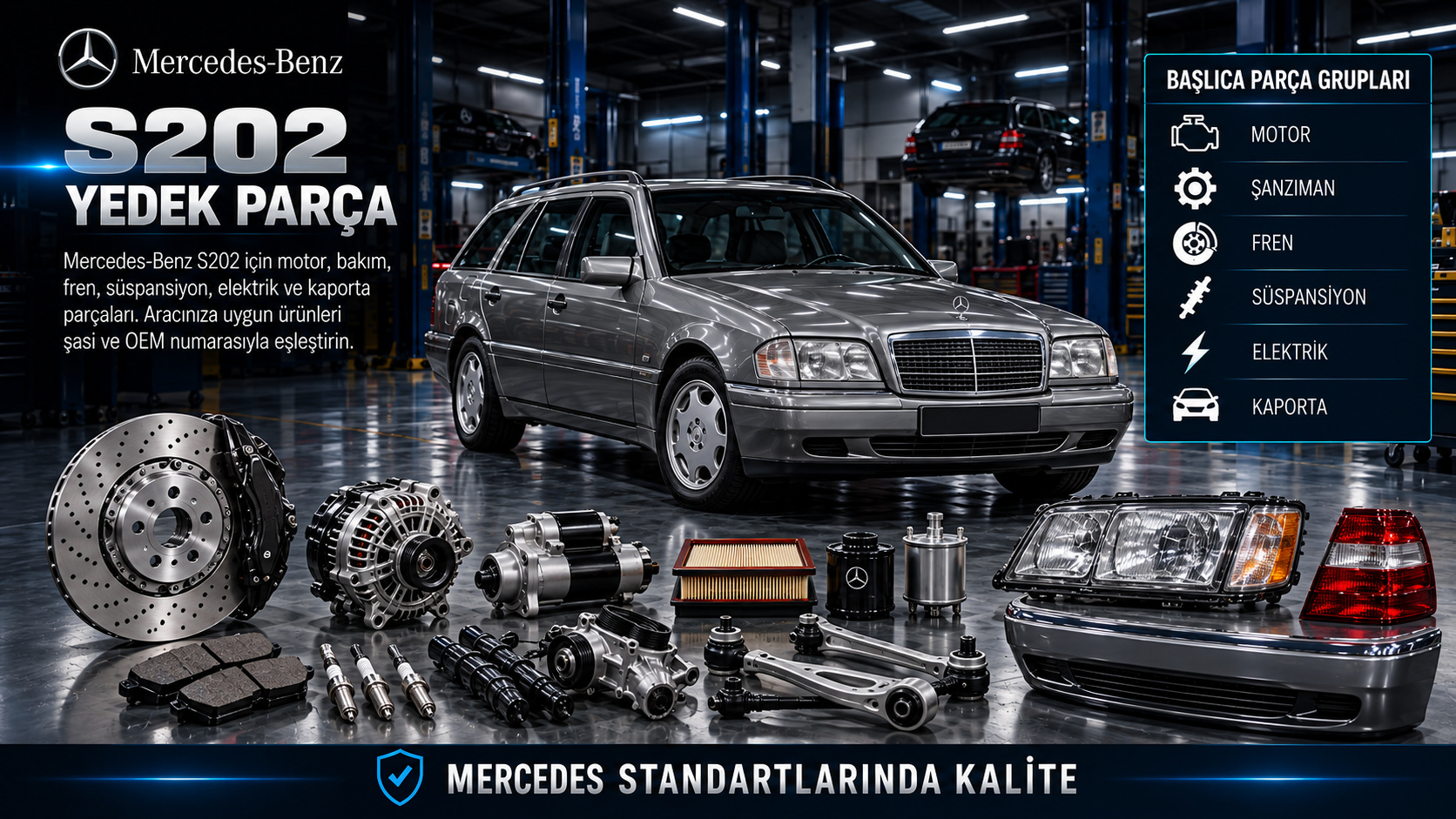 Mercedes-Benz S202 C-Serisi station wagon için motor, fren, süspansiyon ve gövde parçaları