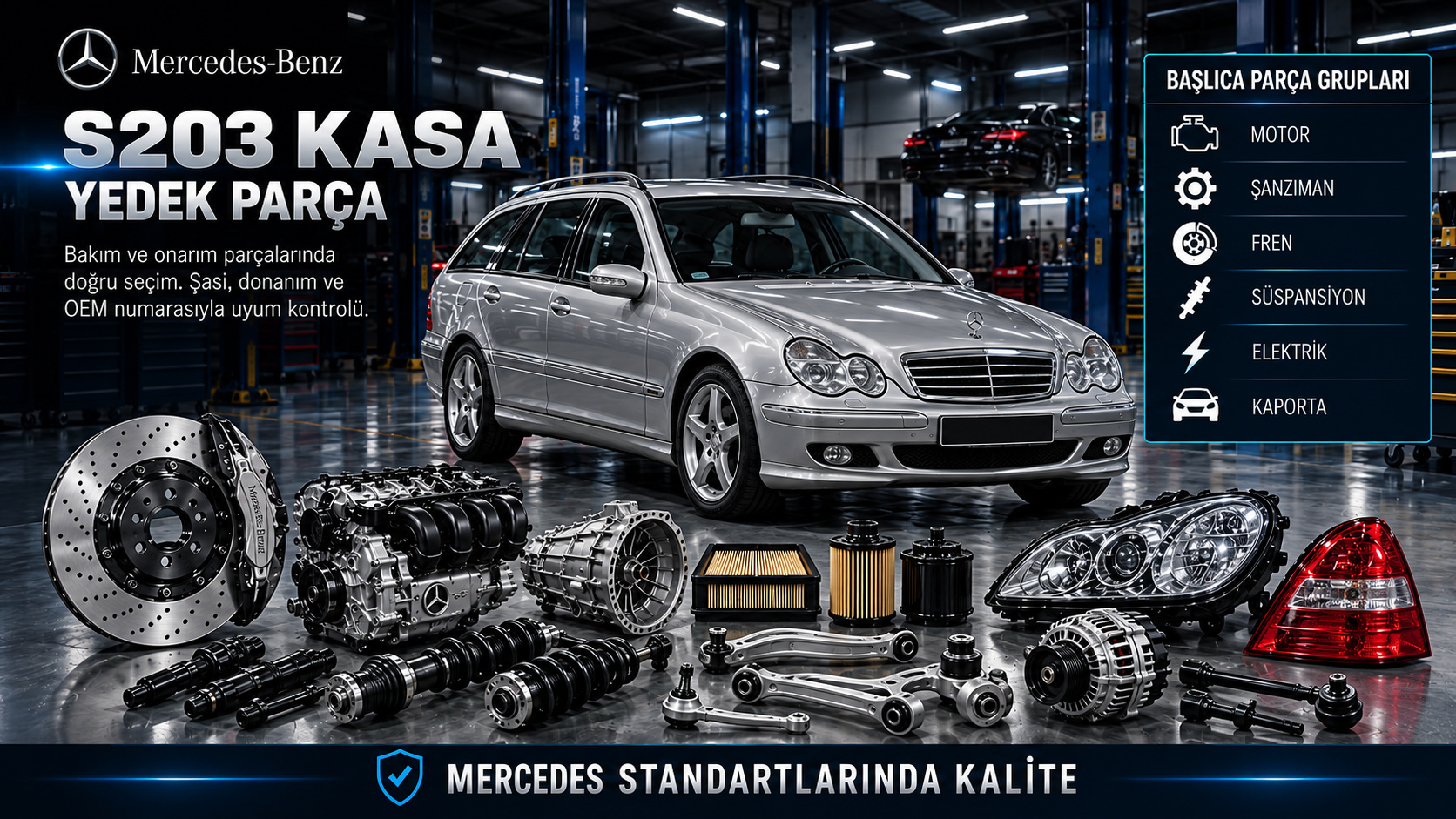 Mercedes S203 C Serisi station wagon motor, şanzıman, fren, süspansiyon ve arka gövde yedek parçaları