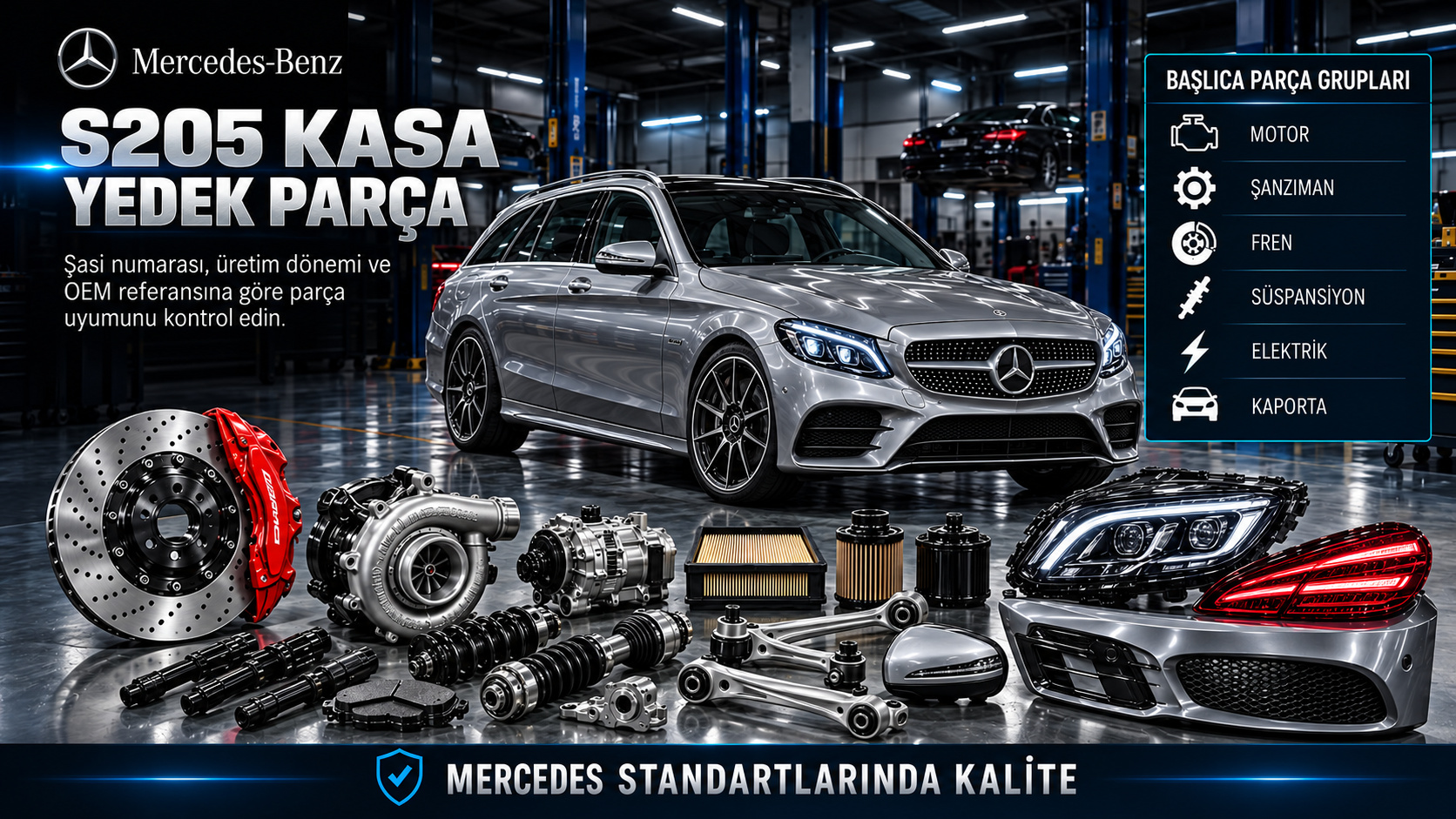 Mercedes S205 C Serisi station wagon motor, aktarma, bagaj kapağı ve gövde parçaları